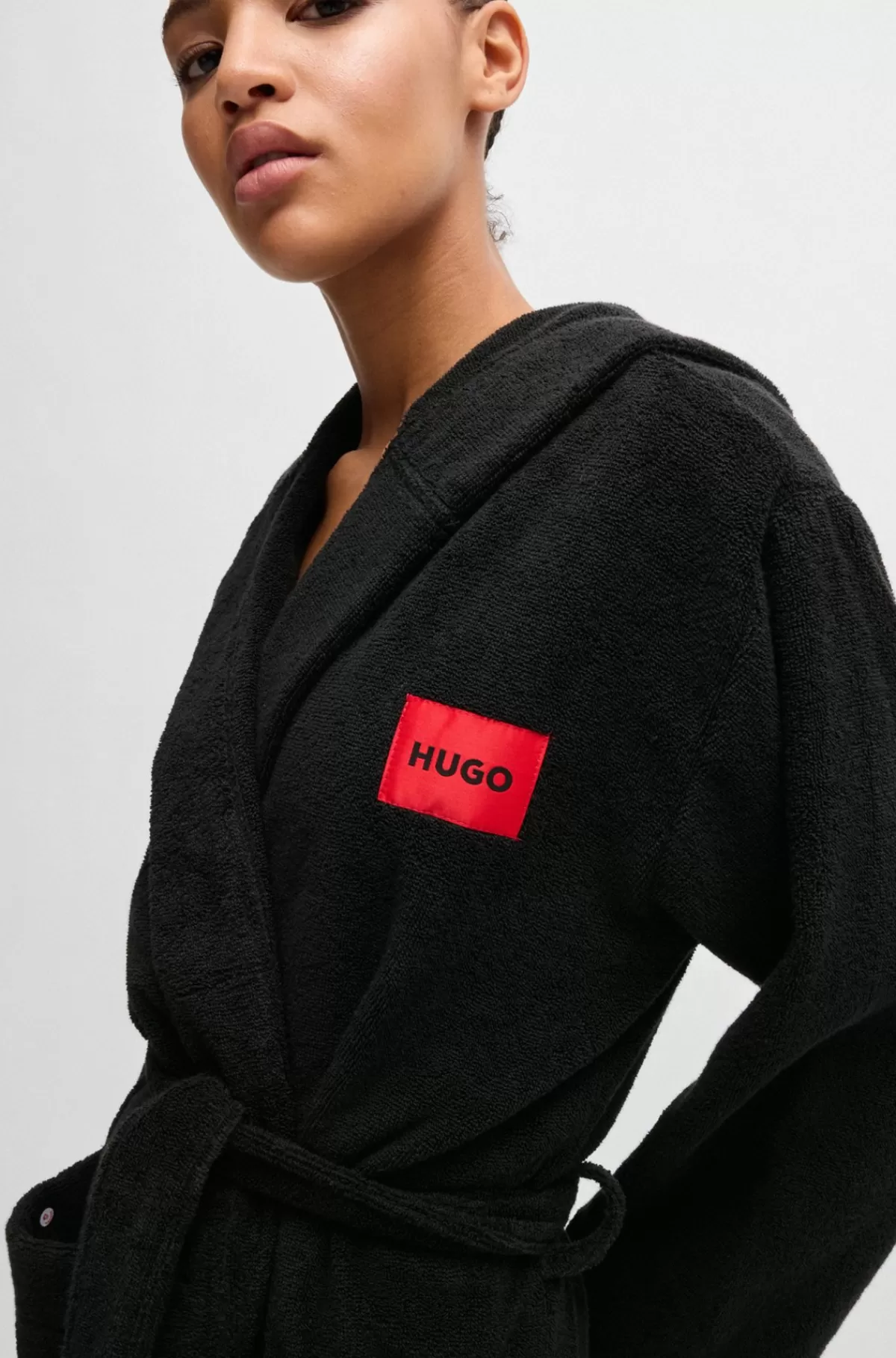 HUGO BOSS Morgenkåbe I Sweatkvalitet Med Rødt Logomærkat Sort Outlet