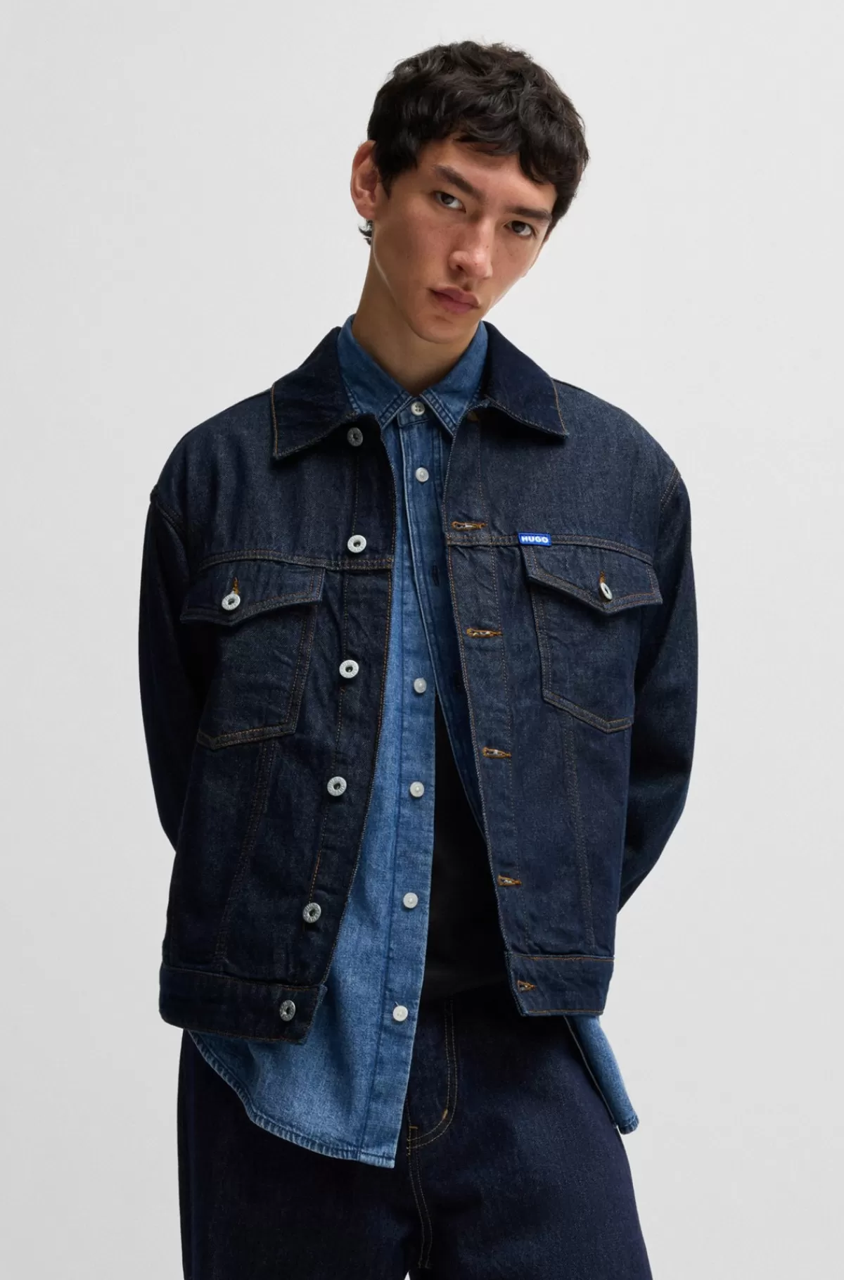 HUGO BOSS Jakke I Denim Med Justerbar Kant Mørkeblå Flash Sale