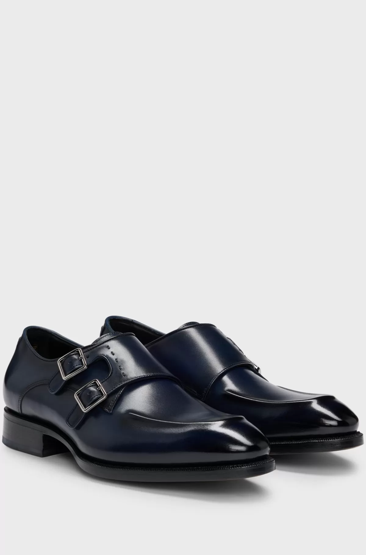 HUGO BOSS Munkesko I Læder Med Dobbeltrem Og Detaljer Ved Hælen Mørkeblå Fashion