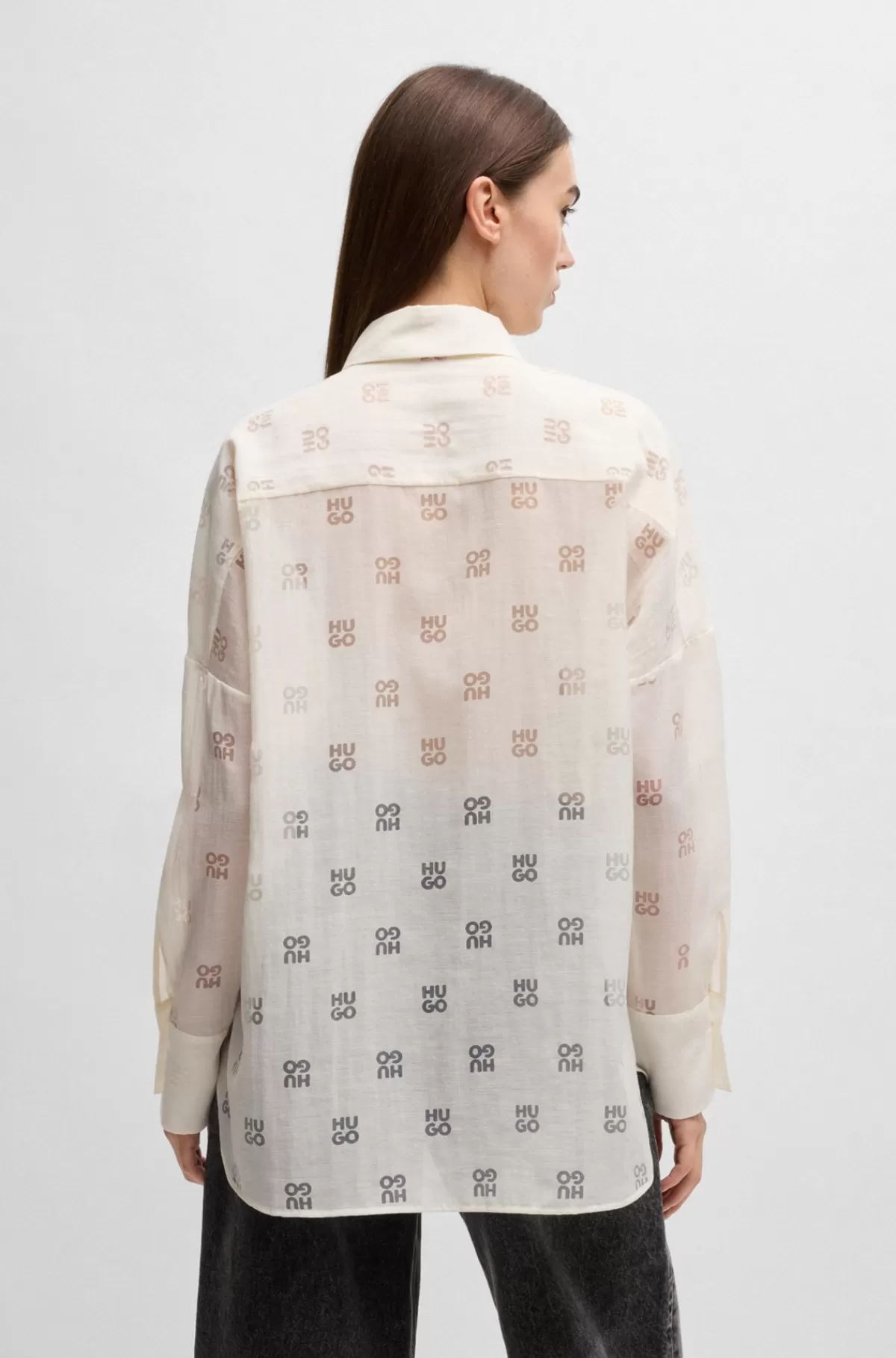 HUGO BOSS Oversized Fit Skjorte Med Burnout-logoprint Hvid Clearance