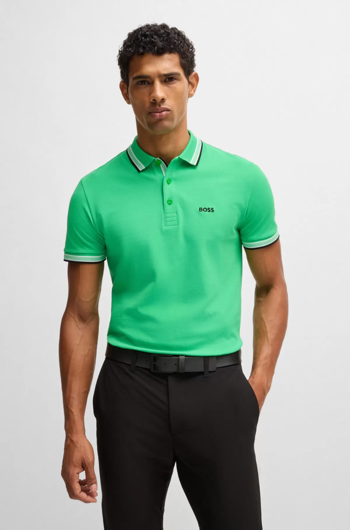 HUGO BOSS Paddy Poloshirt I Bomuldspiqué Med Logo I Kontrastfarve Grøn Cheap
