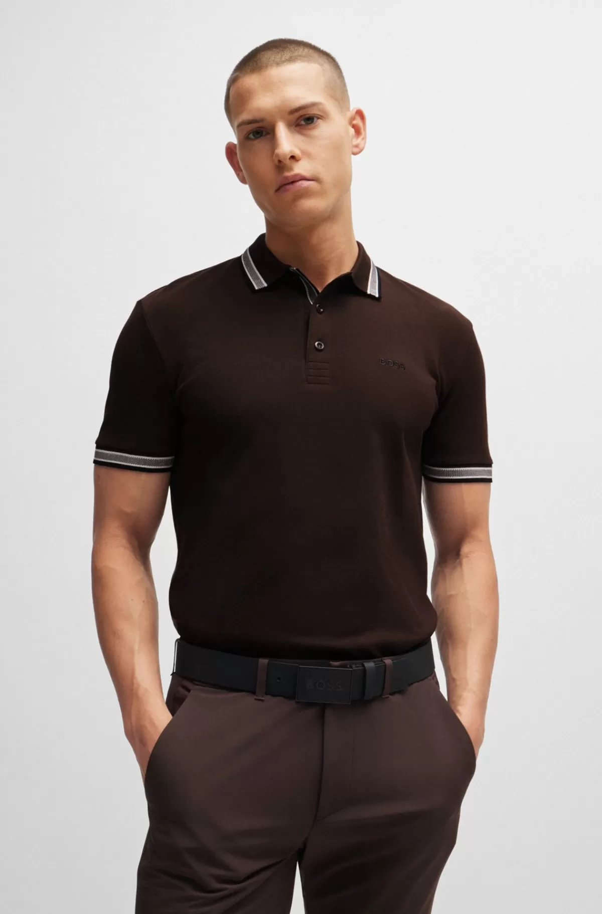 HUGO BOSS Paddy Poloshirt I Bomuldspiqué Med Logo I Kontrastfarve Mørkebrun Flash Sale