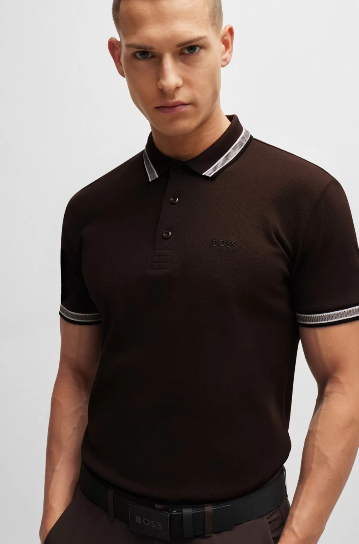 HUGO BOSS Paddy Poloshirt I Bomuldspiqué Med Logo I Kontrastfarve Mørkebrun Flash Sale
