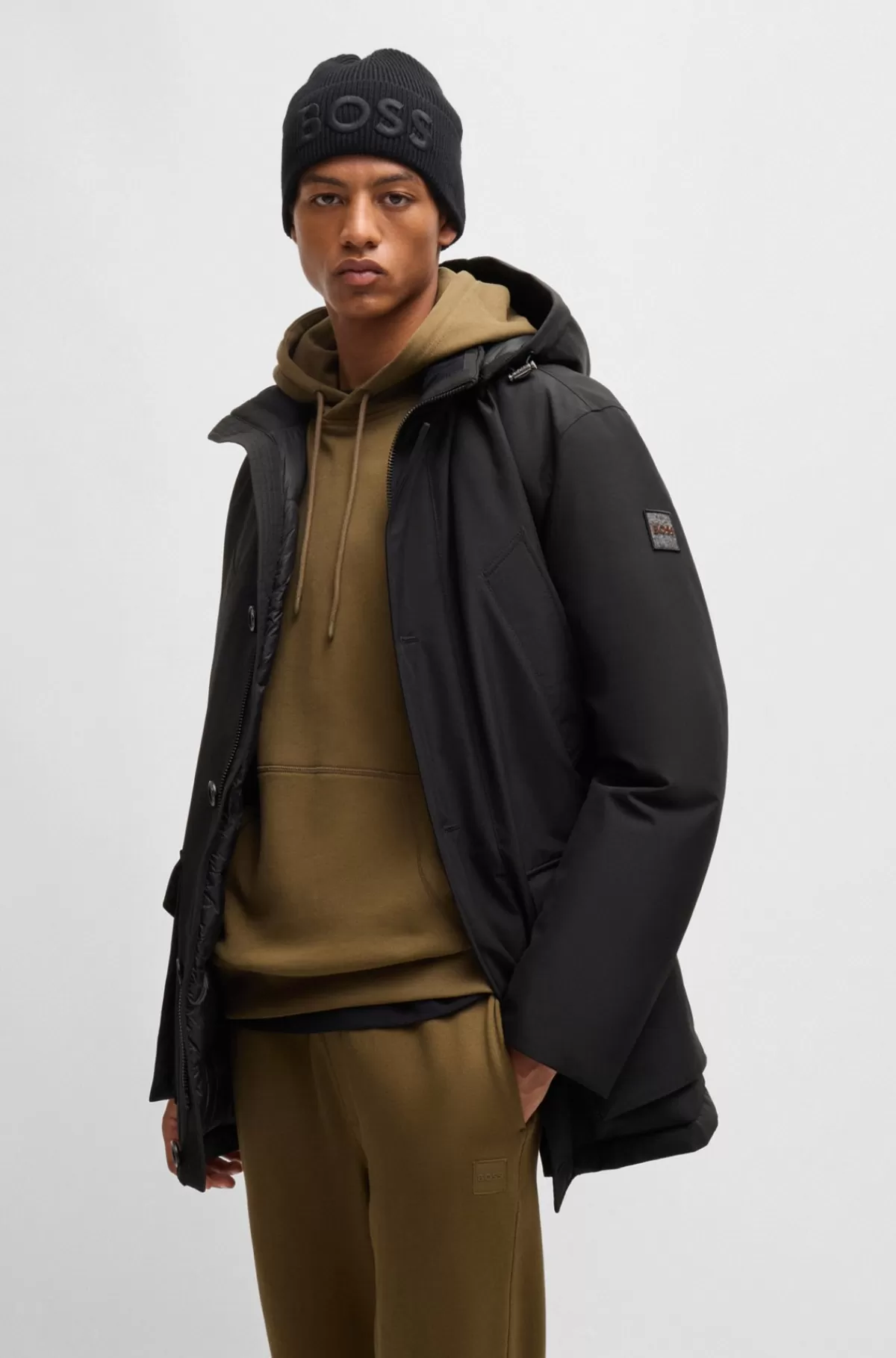 HUGO BOSS Parka Med Relaxed Fit I Vandskyende Stof Med Ottomanstruktur Sort Online
