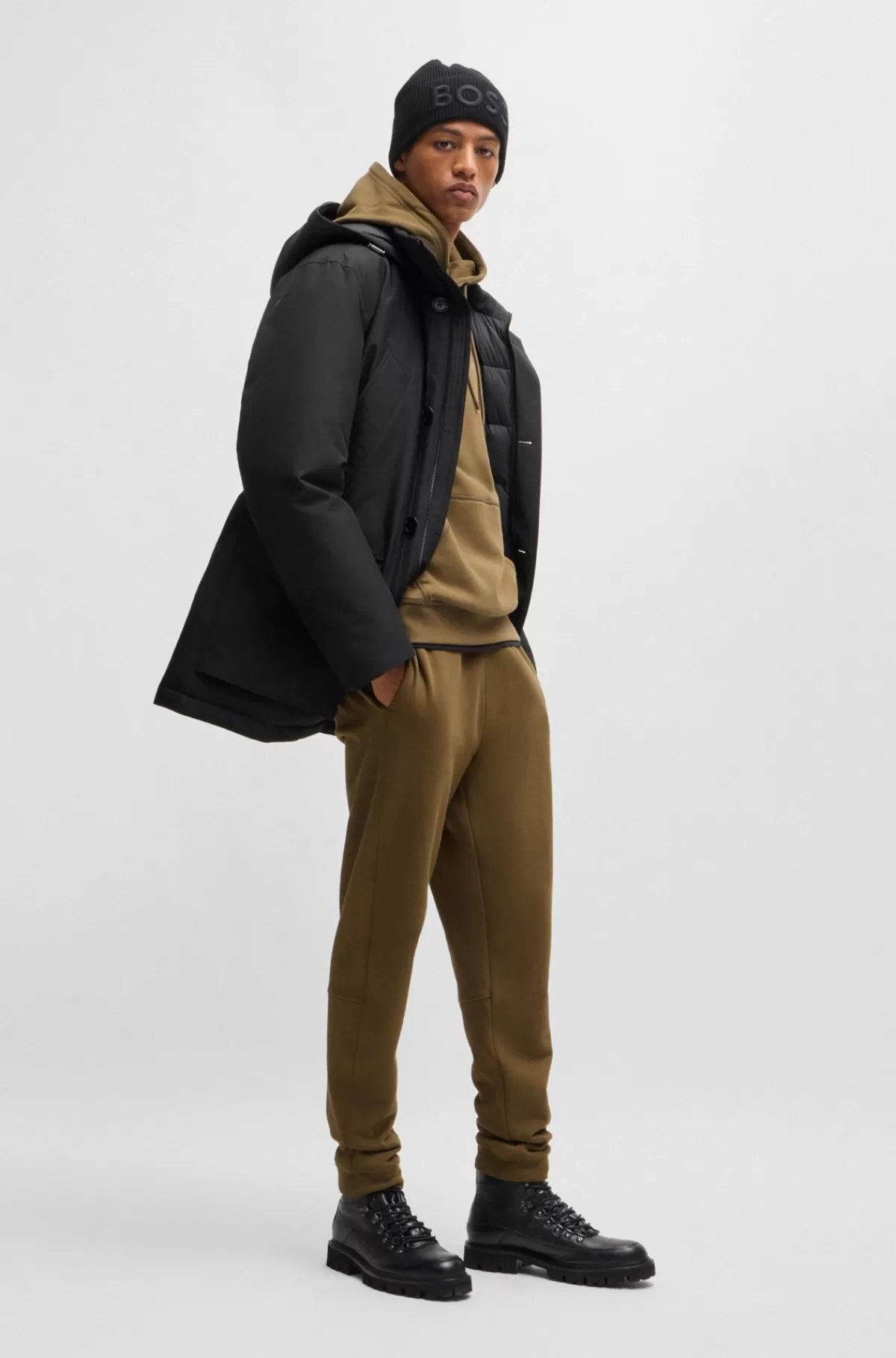HUGO BOSS Parka Med Relaxed Fit I Vandskyende Stof Med Ottomanstruktur Sort Online