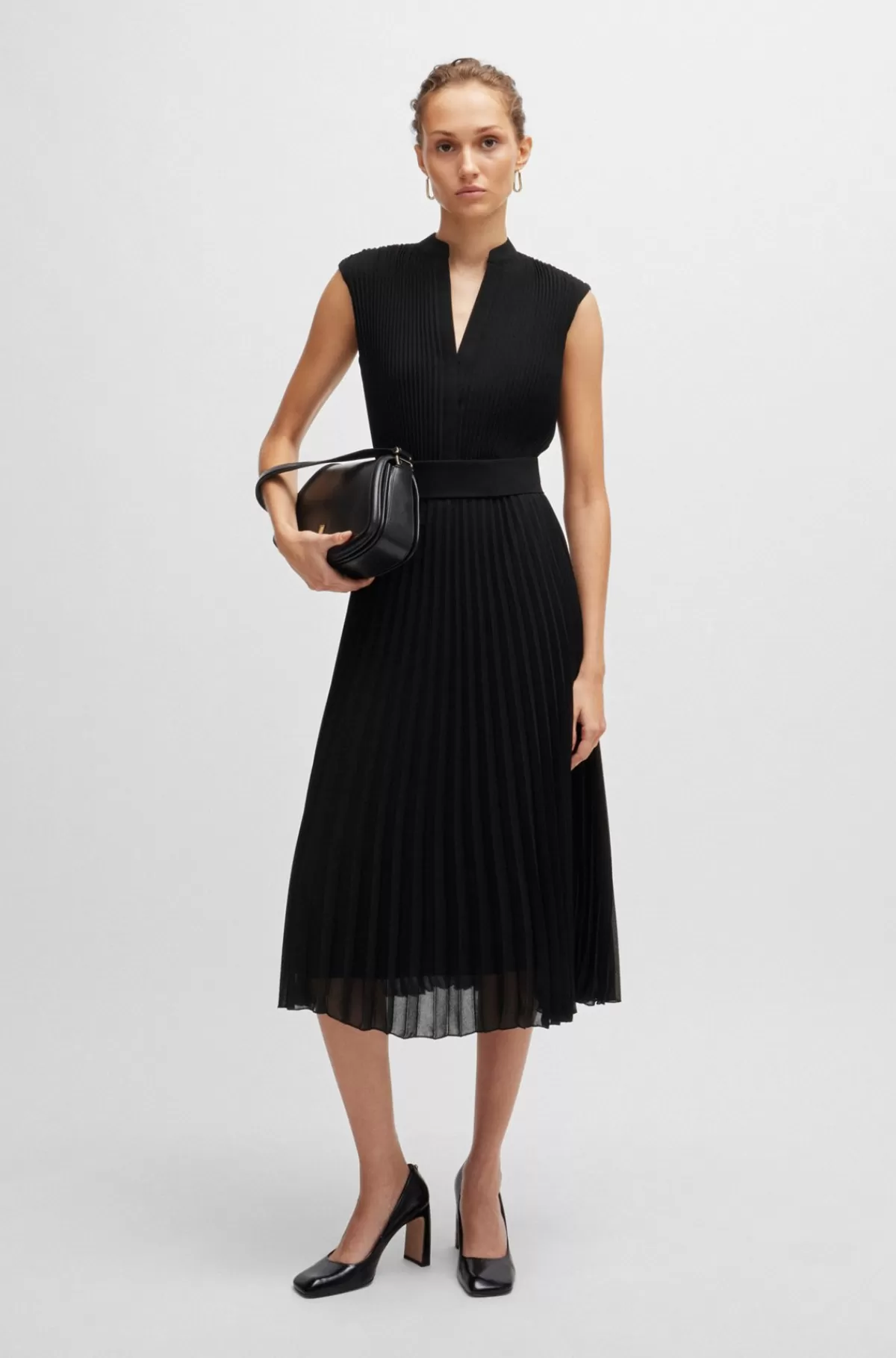 HUGO BOSS Plisseret Crepekjole Med V-hals Sort Cheap