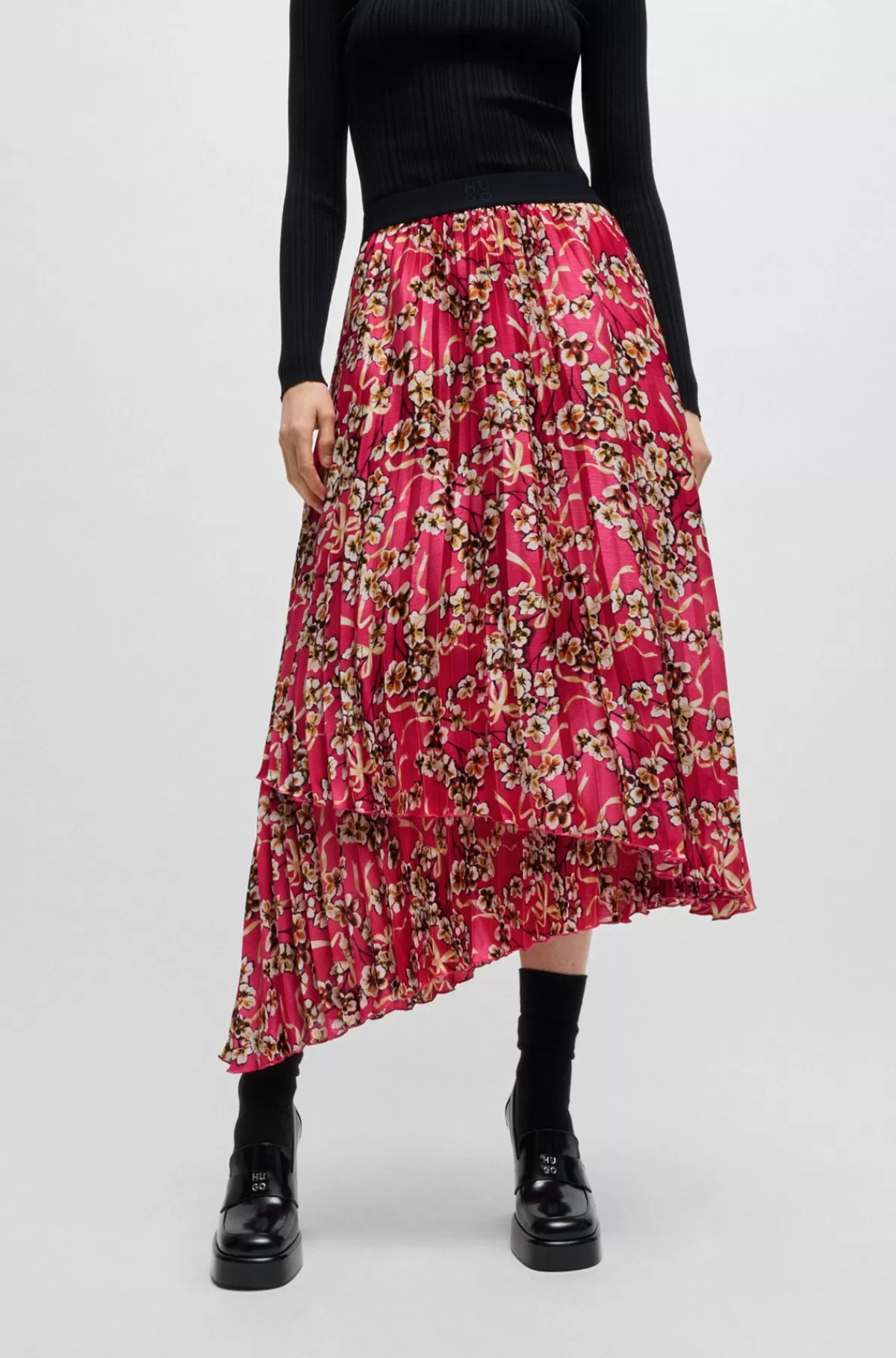 HUGO BOSS Plisseret Nederdel I Flere Niveauer Med Blomsterprint Rød mønstret Cheap