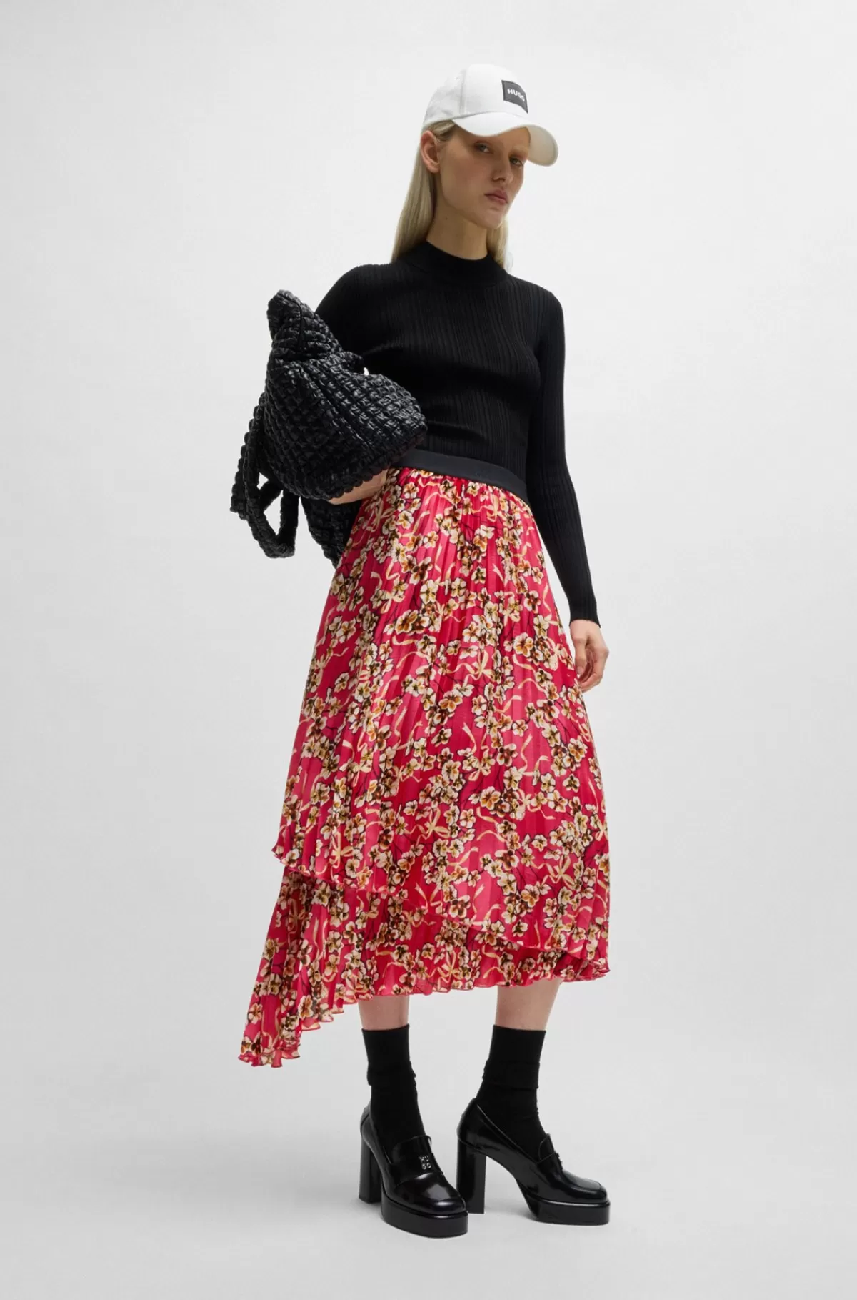HUGO BOSS Plisseret Nederdel I Flere Niveauer Med Blomsterprint Rød mønstret Cheap
