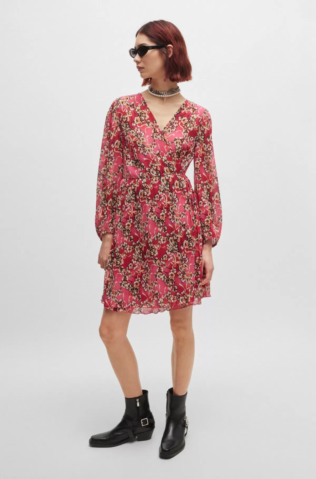 HUGO BOSS Plisseret Slå Om-kjole Med Blomsterprint Og Elastiske ærmekanter Lyserød mønstret Hot