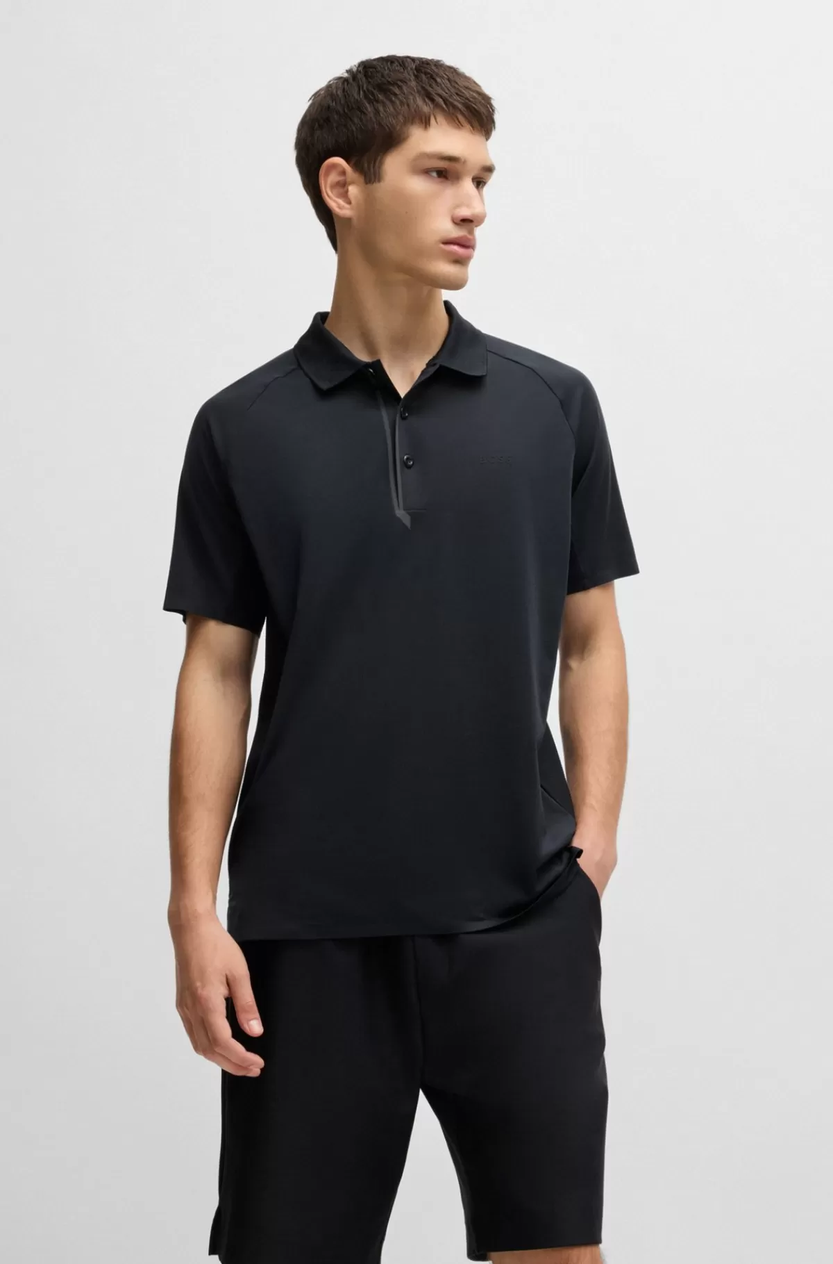 HUGO BOSS Poloshirt I Blandede Materialer Med Dekorativt Reflekterende Logo Sort Cheap