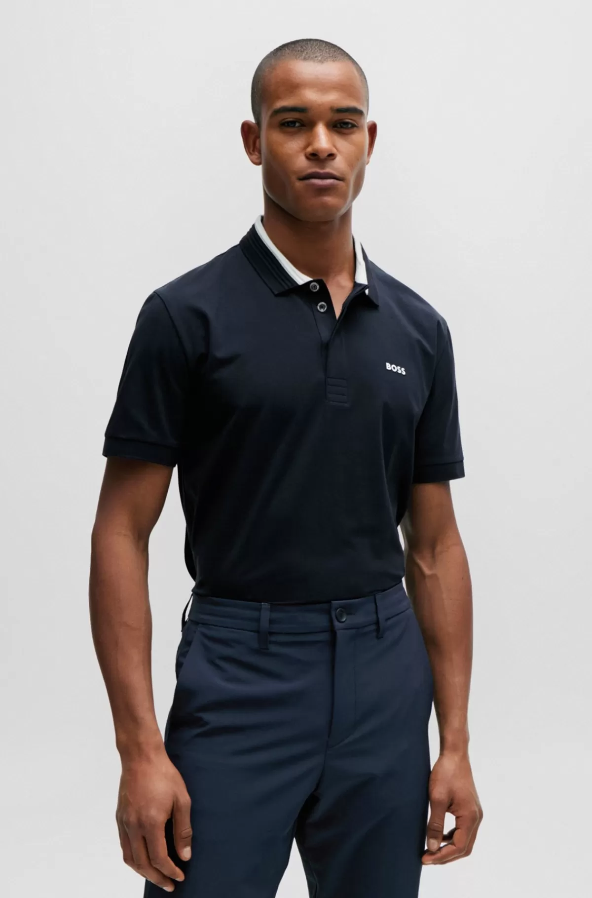 HUGO BOSS Poloshirt I Bomuld Med Stræk Og Krave Med 3D-stribe Mørkeblå Sale