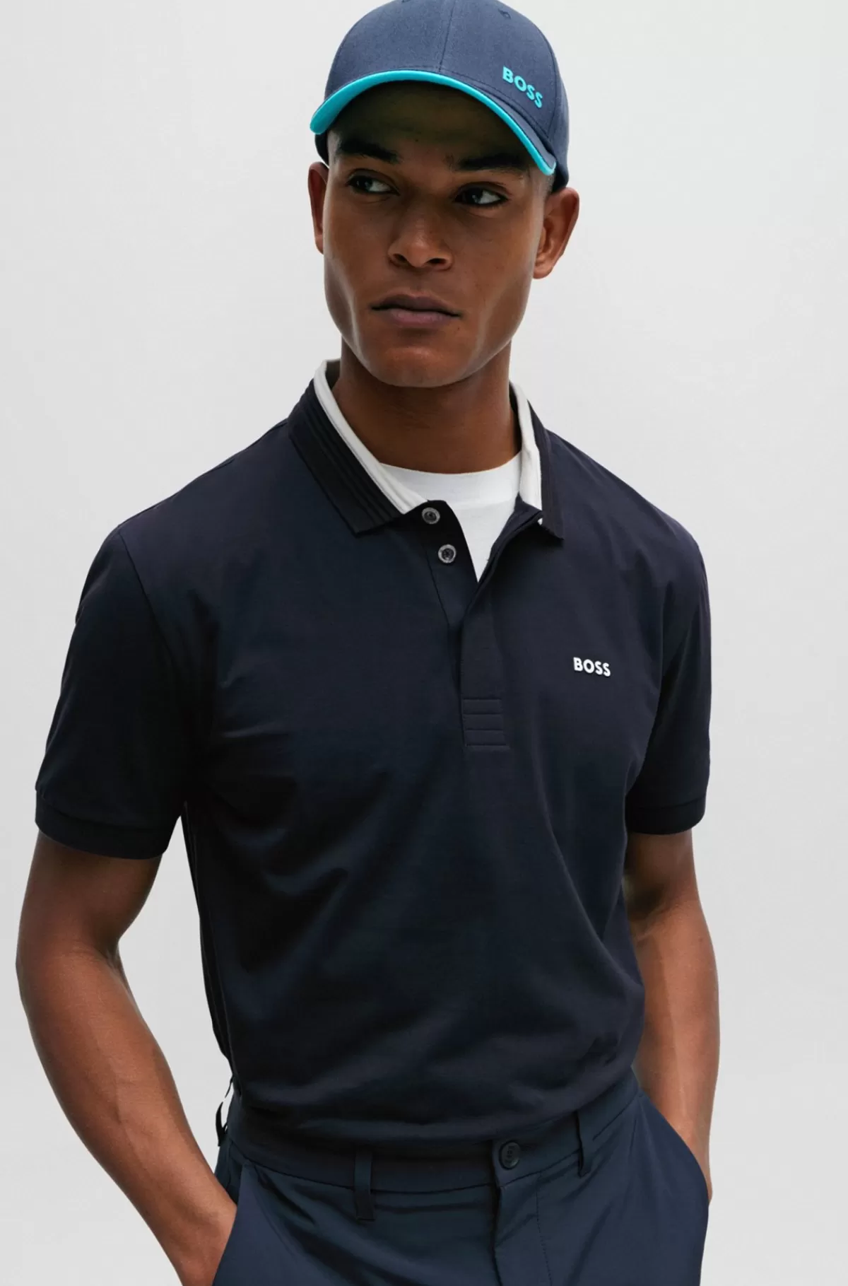 HUGO BOSS Poloshirt I Bomuld Med Stræk Og Krave Med 3D-stribe Mørkeblå Sale