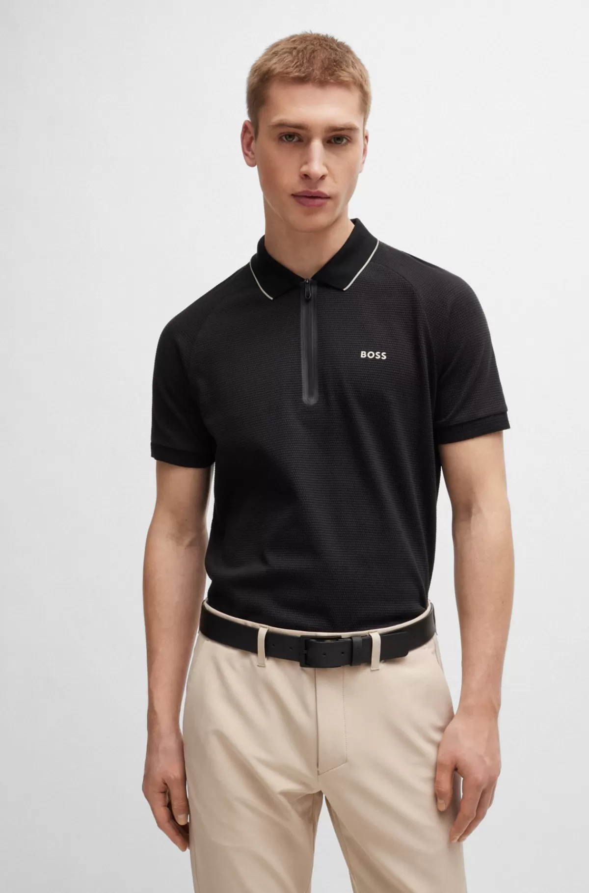 HUGO BOSS Poloshirt I Bomuld Med Struktur Og Kontrastlogo Sort Discount