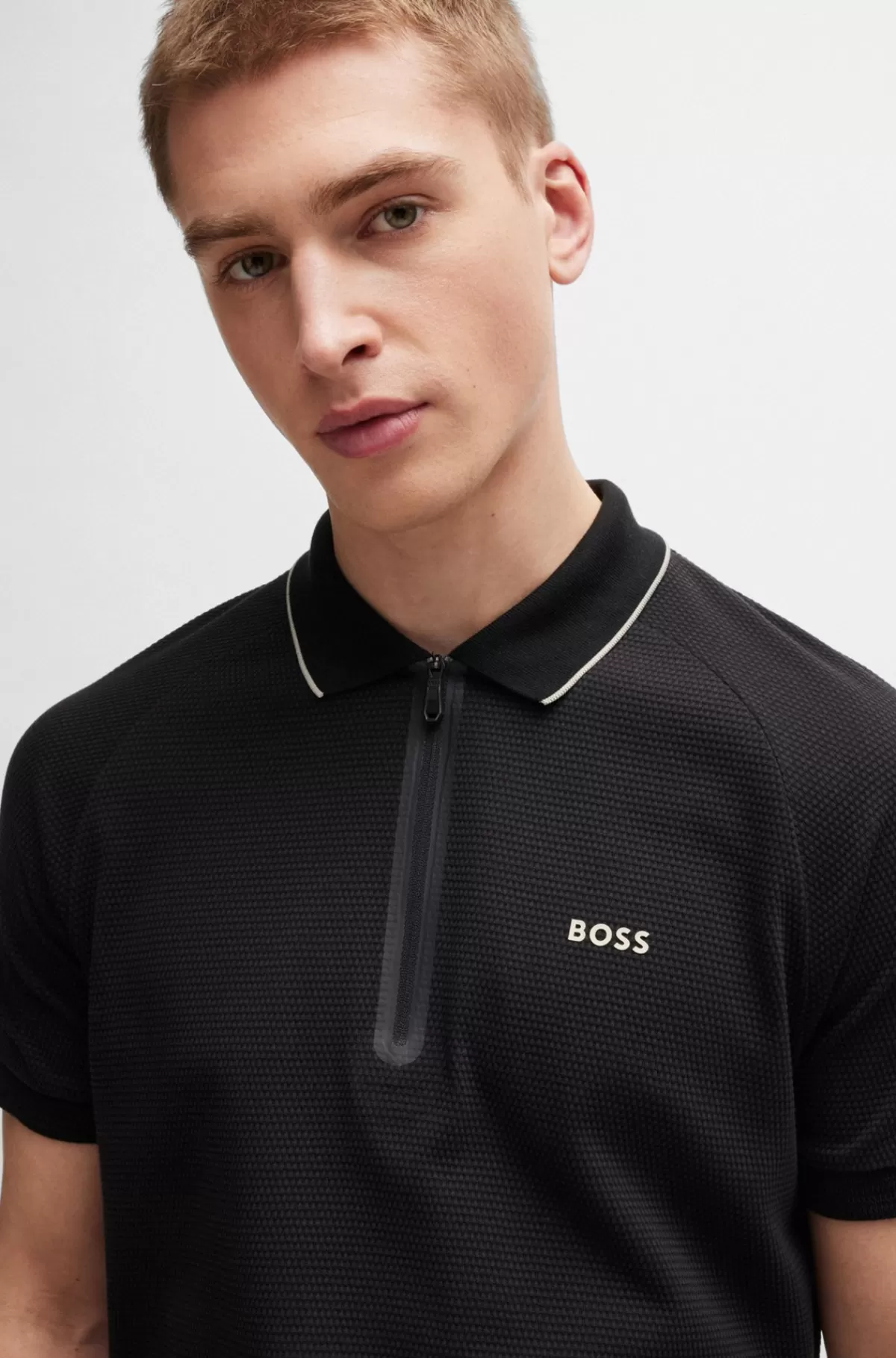 HUGO BOSS Poloshirt I Bomuld Med Struktur Og Kontrastlogo Sort Discount