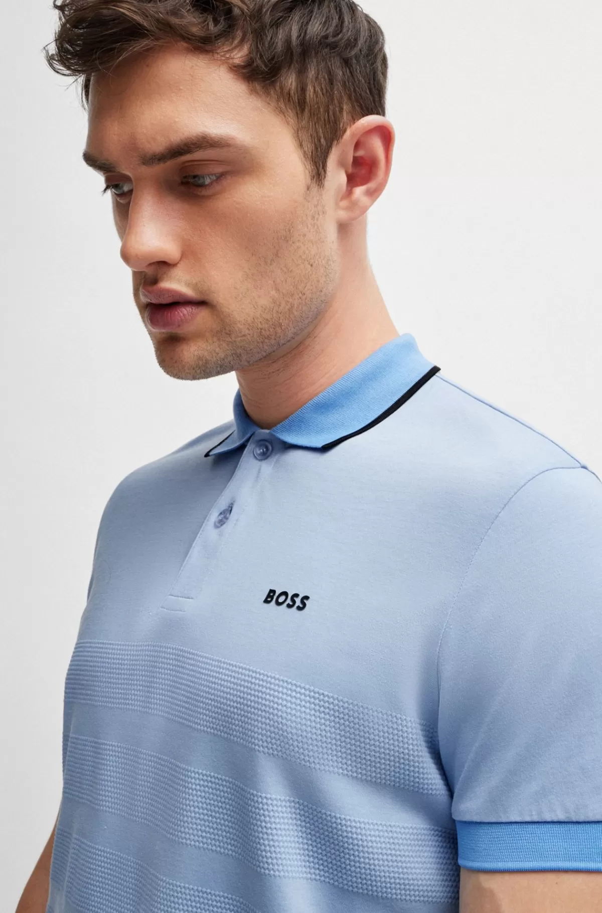 HUGO BOSS Poloshirt I Bomuld Med Strukturstriber Lyseblå Shop