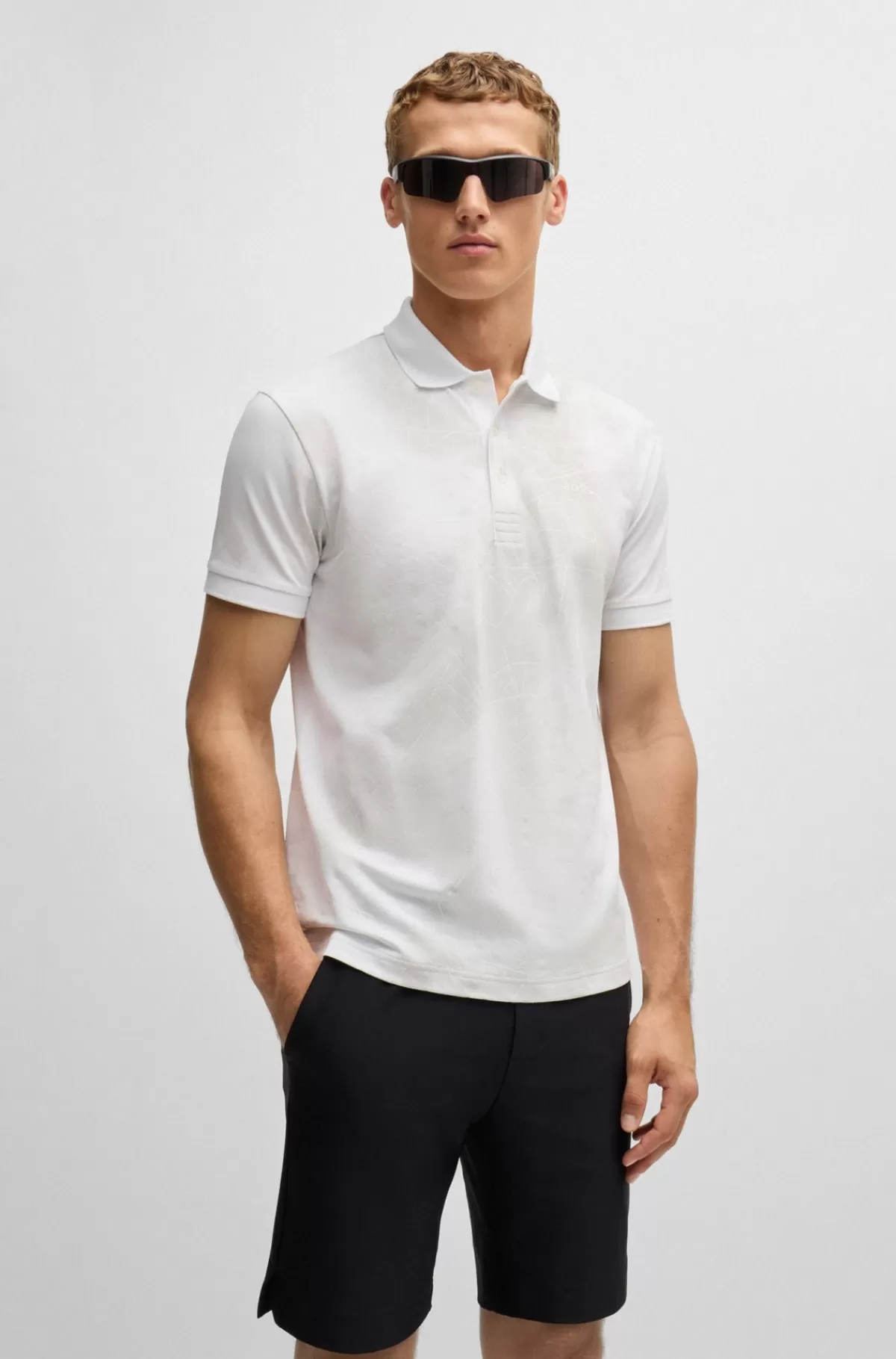 HUGO BOSS Poloshirt I Bomuldsblanding Med Dekorativt Reflekterende Print Hvid Clearance