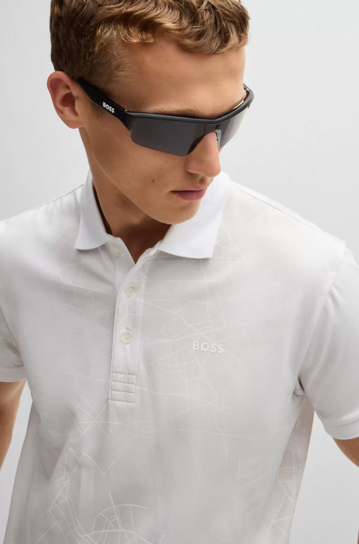 HUGO BOSS Poloshirt I Bomuldsblanding Med Dekorativt Reflekterende Print Hvid Clearance