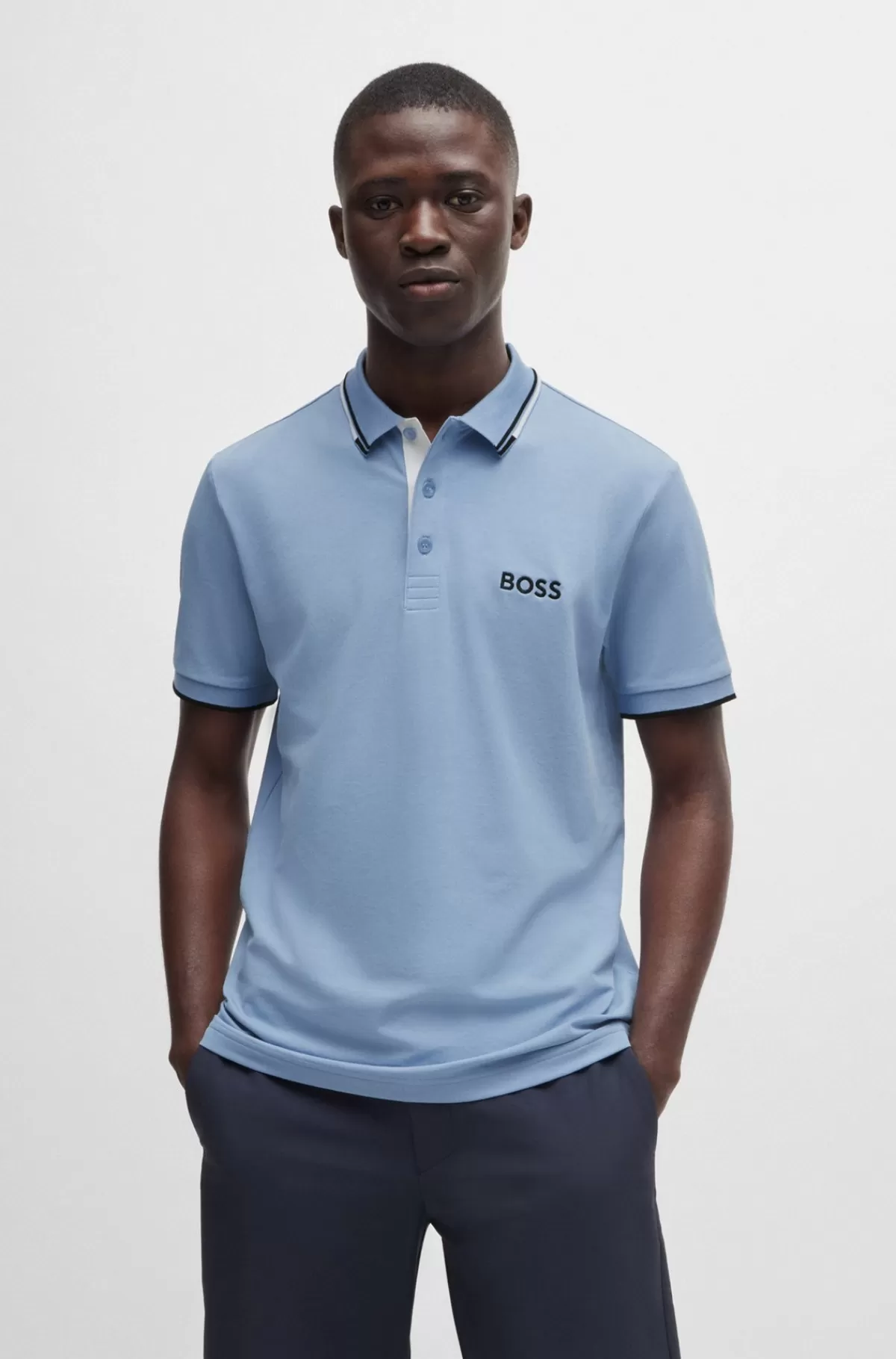 HUGO BOSS Poloshirt I Bomuldsblanding Med Kontrasterende Logoer Lyseblå Outlet