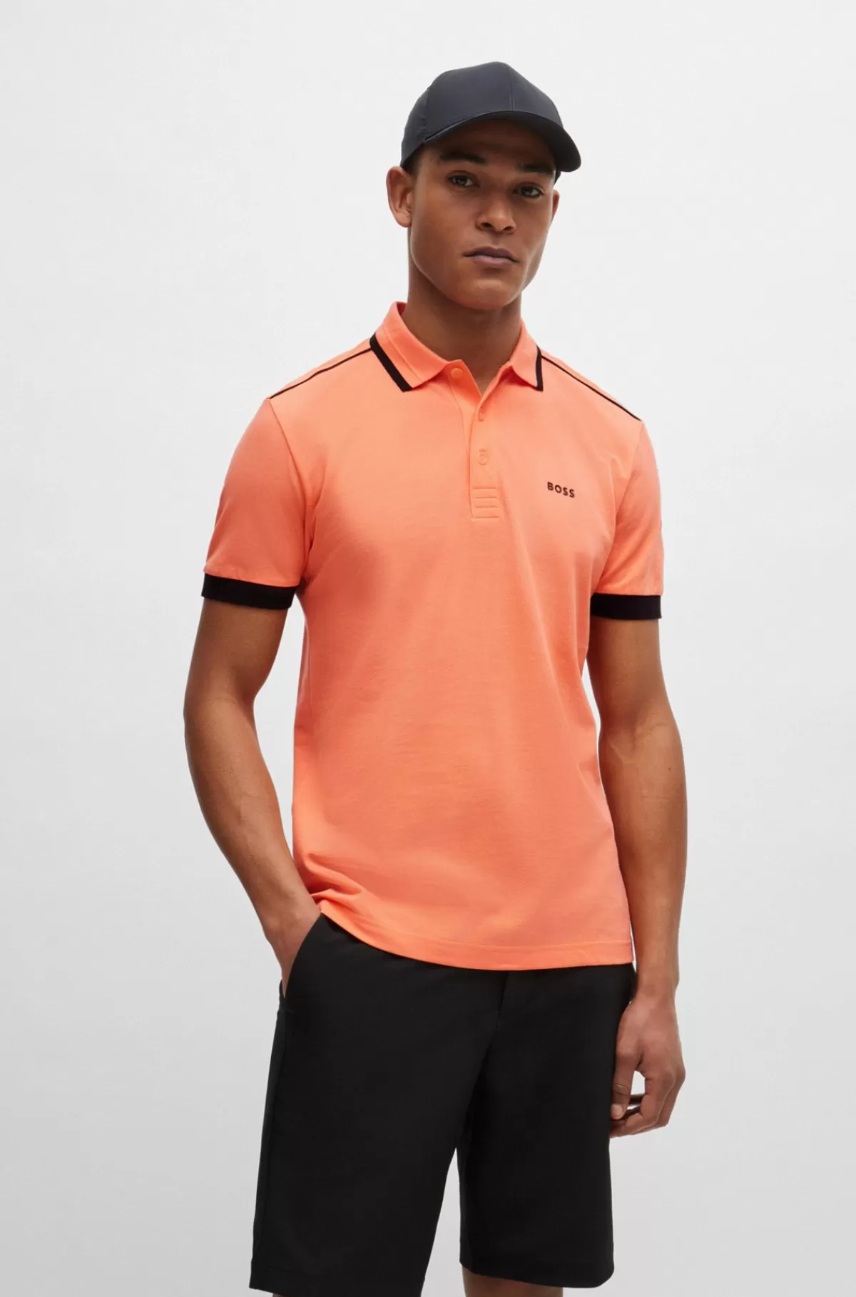 HUGO BOSS Poloshirt I Bomuldspiqué Med Kontraststriber Og Logo Lys orange Best Sale