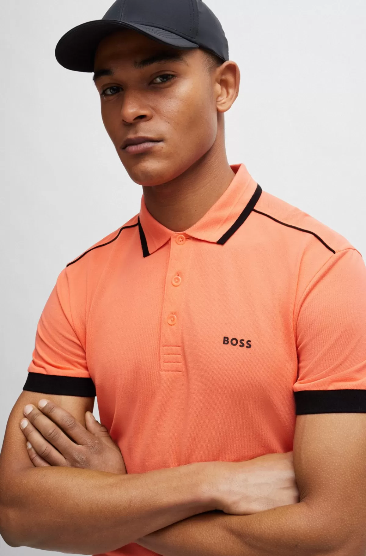 HUGO BOSS Poloshirt I Bomuldspiqué Med Kontraststriber Og Logo Lys orange Best Sale