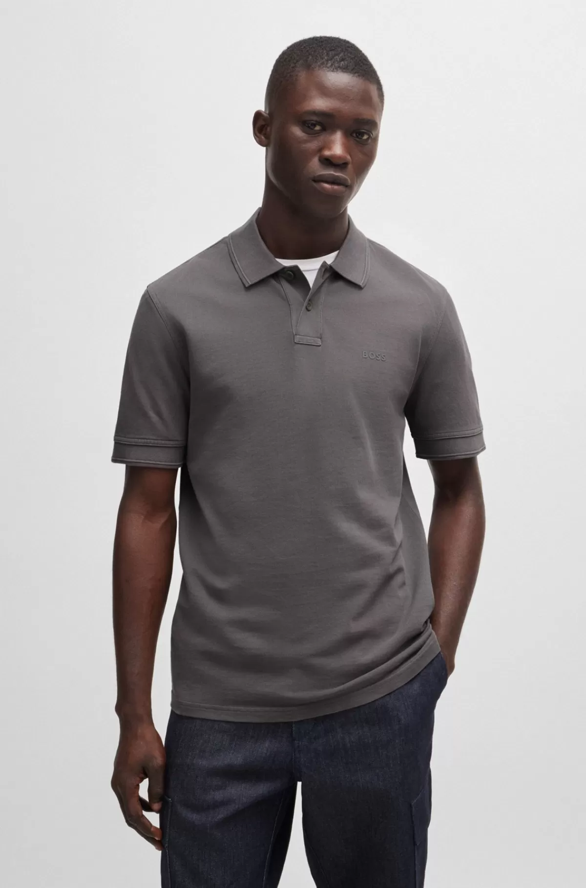 HUGO BOSS Poloshirt I Bomuldspiqué Med Logoprint Mørkegrå Fashion