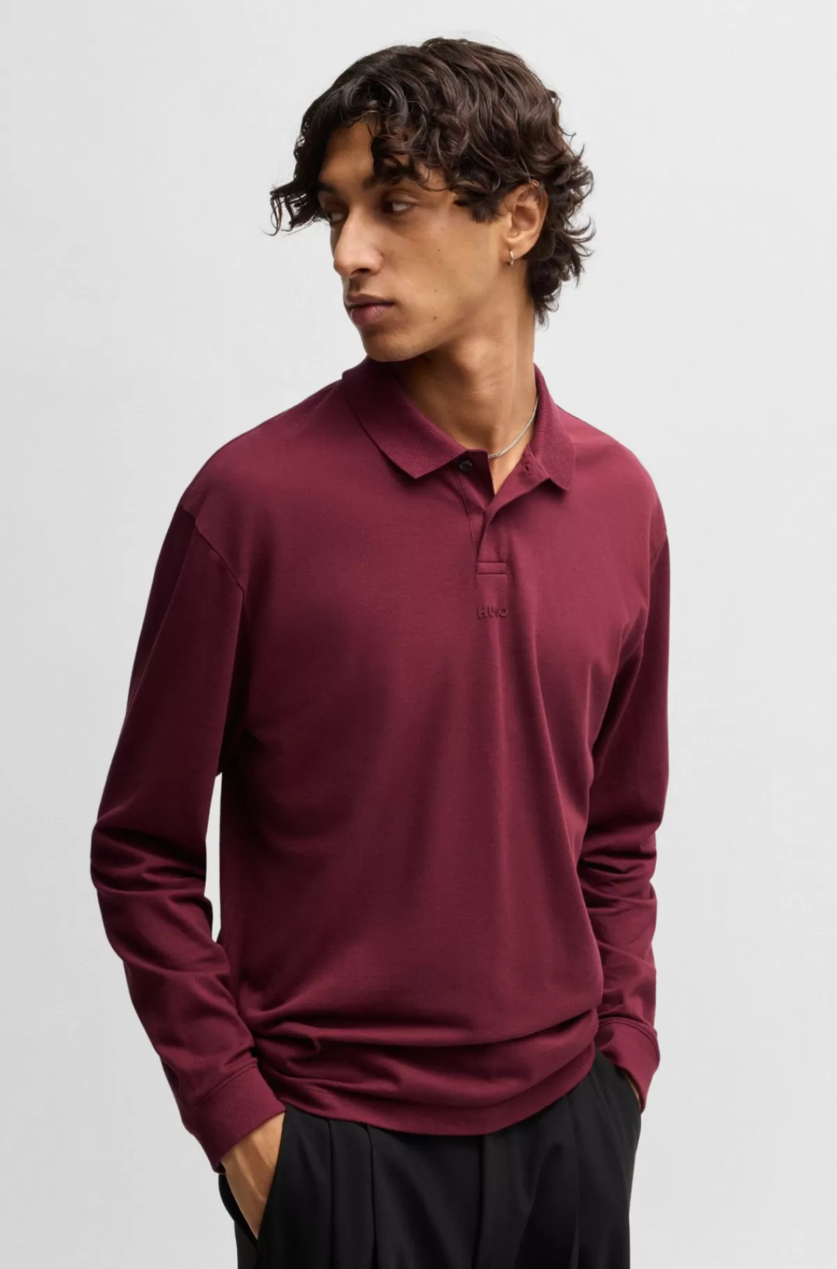 HUGO BOSS Poloshirt I Bomuldspiqué Med Relaxed Fit Og Logoprint Mørkerød Outlet