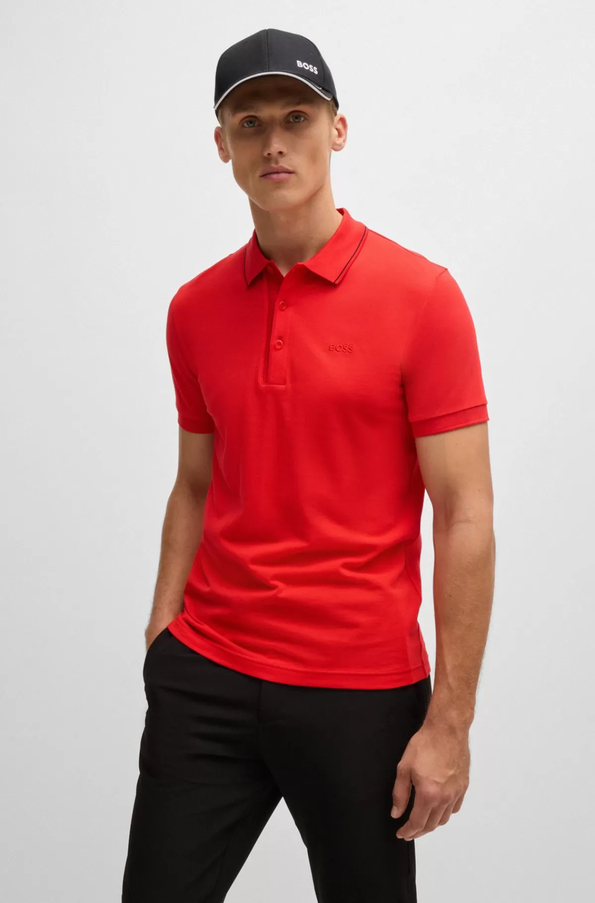 HUGO BOSS Poloshirt I Bomuldspiqué Med Slim Fit Og Tone-i-tone-logo Rød Shop