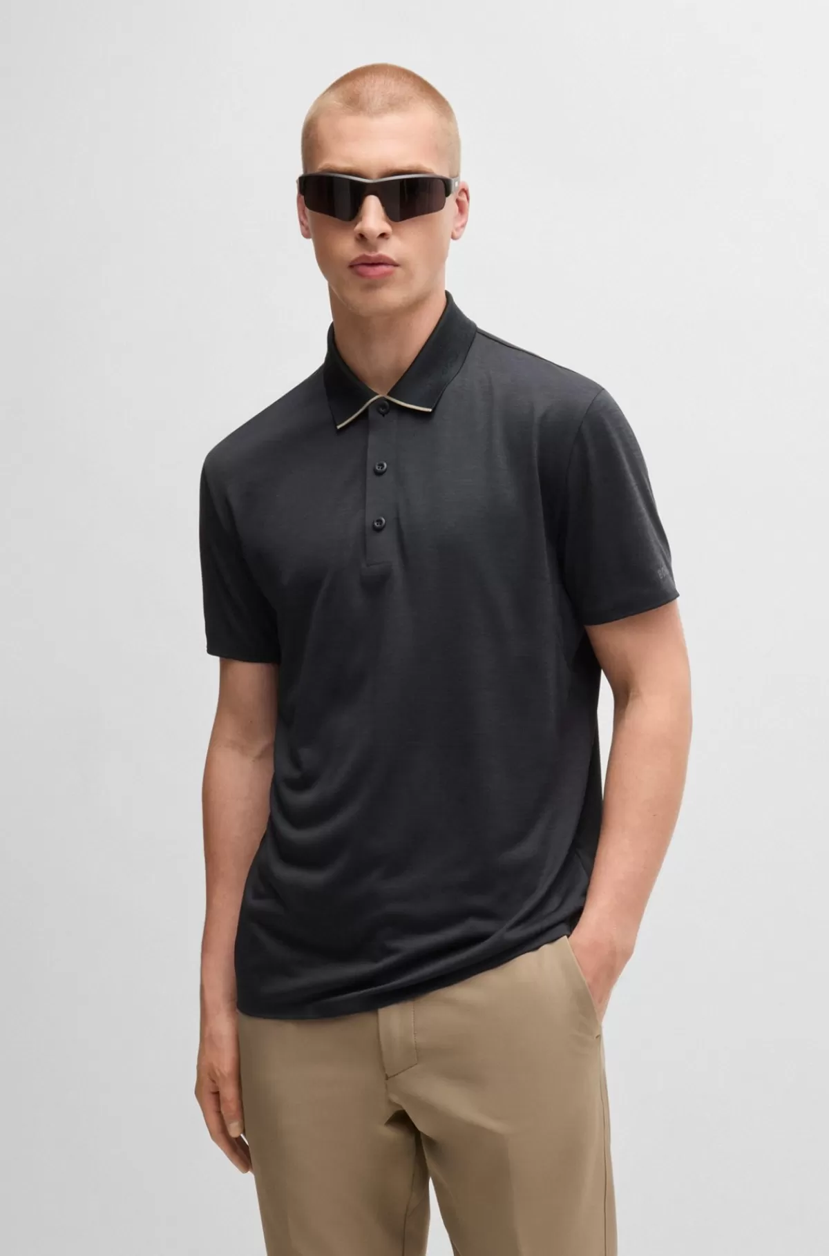 HUGO BOSS Poloshirt Med Logodetaljer I Hurtigtørrende Jersey Med Stræk Sort Store