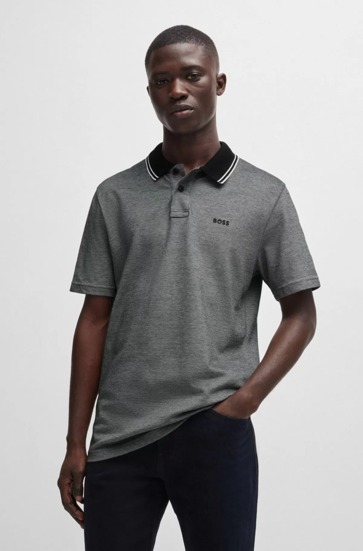 HUGO BOSS Poloshirt Med Logoprint I Oxford-bomuldspiqué Mørkegrå Clearance