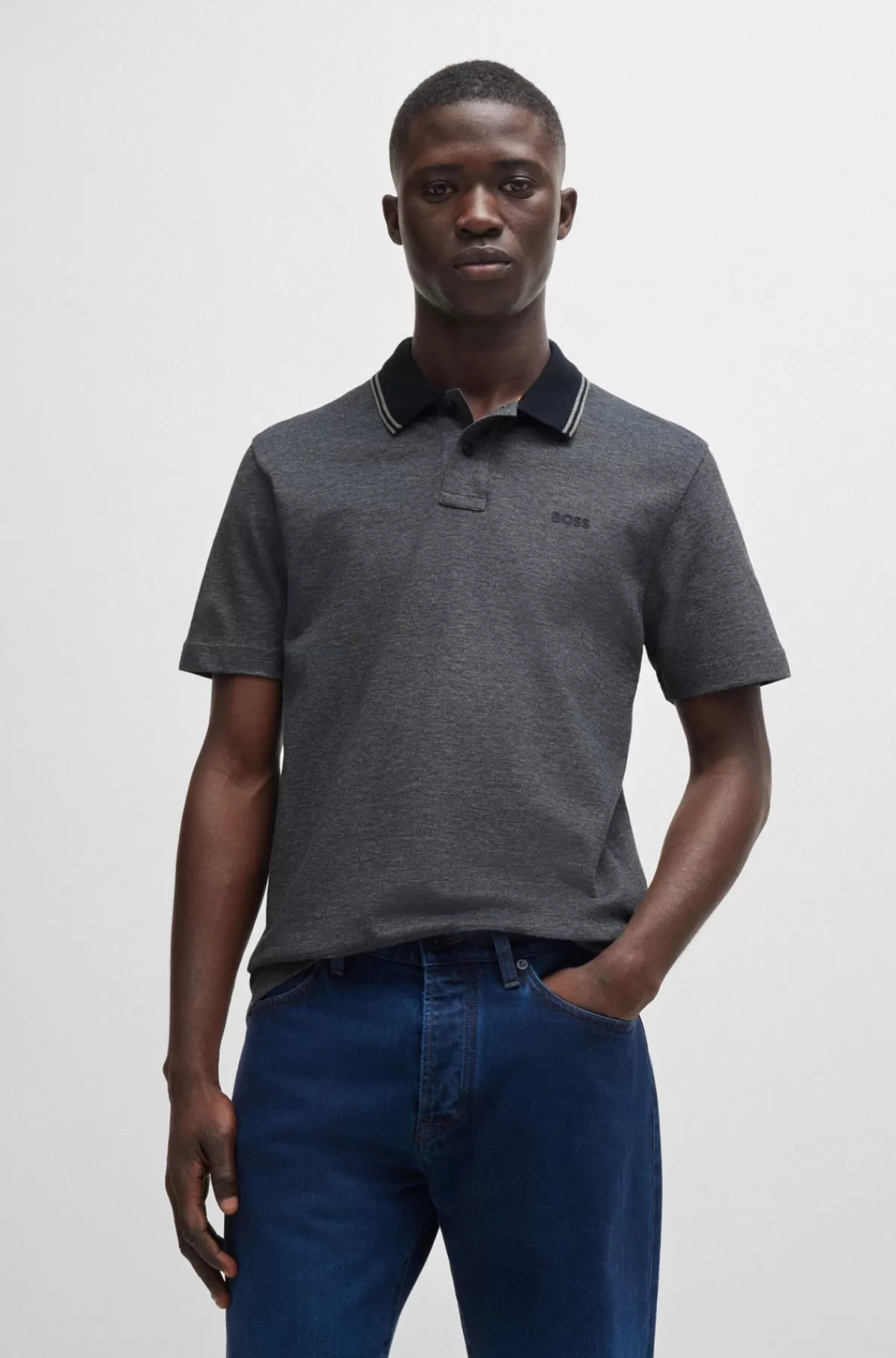 HUGO BOSS Poloshirt Med Logoprint I Oxford-bomuldspiqué Mørkegrå Shop