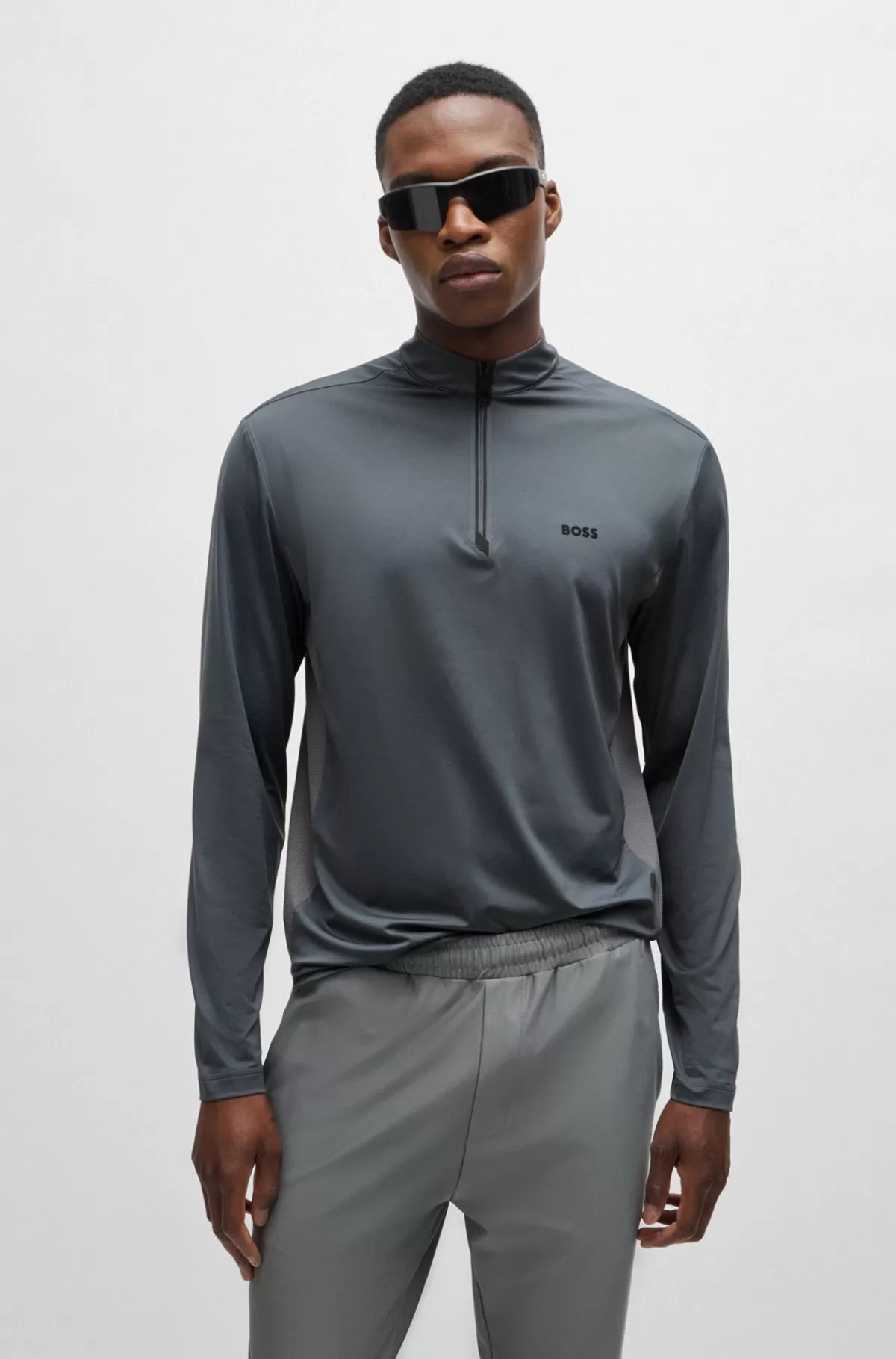 HUGO BOSS Poloshirt Med Lynlås I Halsen Og Dekorativt Reflekterende Logo Grå Store