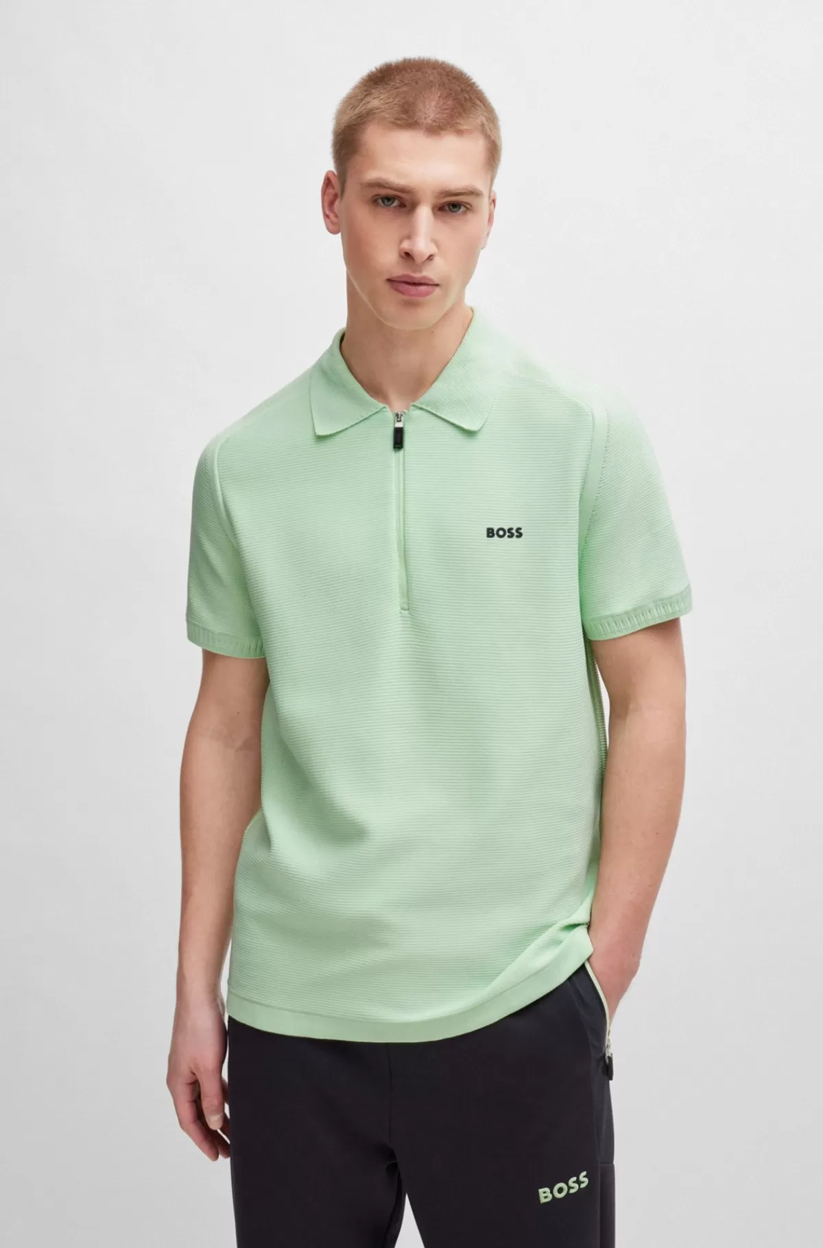 HUGO BOSS Polosweater Med Korte ærmer Og Lynlås I Halsen Samt Logo Lysegrøn Best