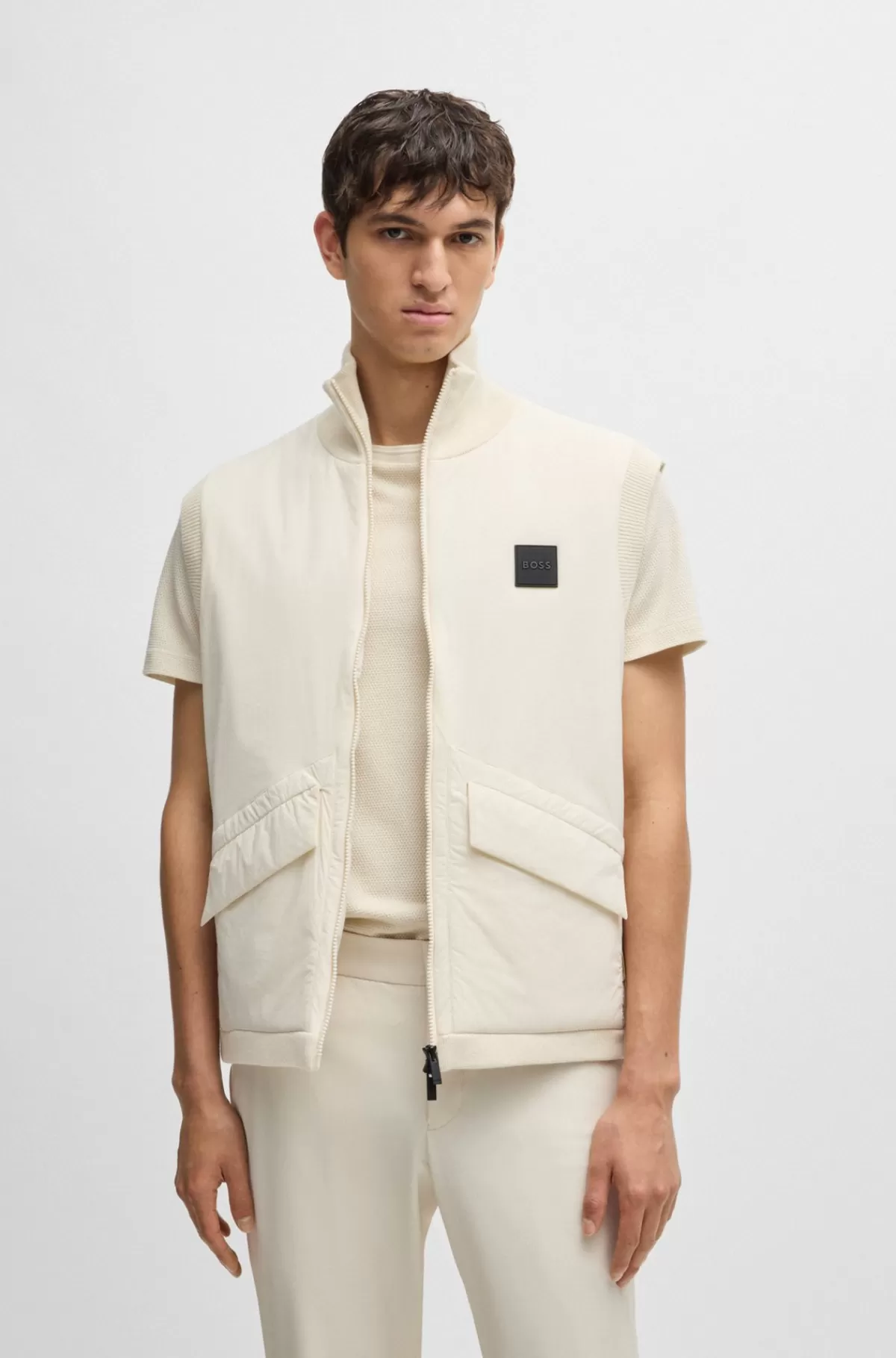 HUGO BOSS Polstret Vest I Blandede Materialer Med Logobadge Naturlig Outlet