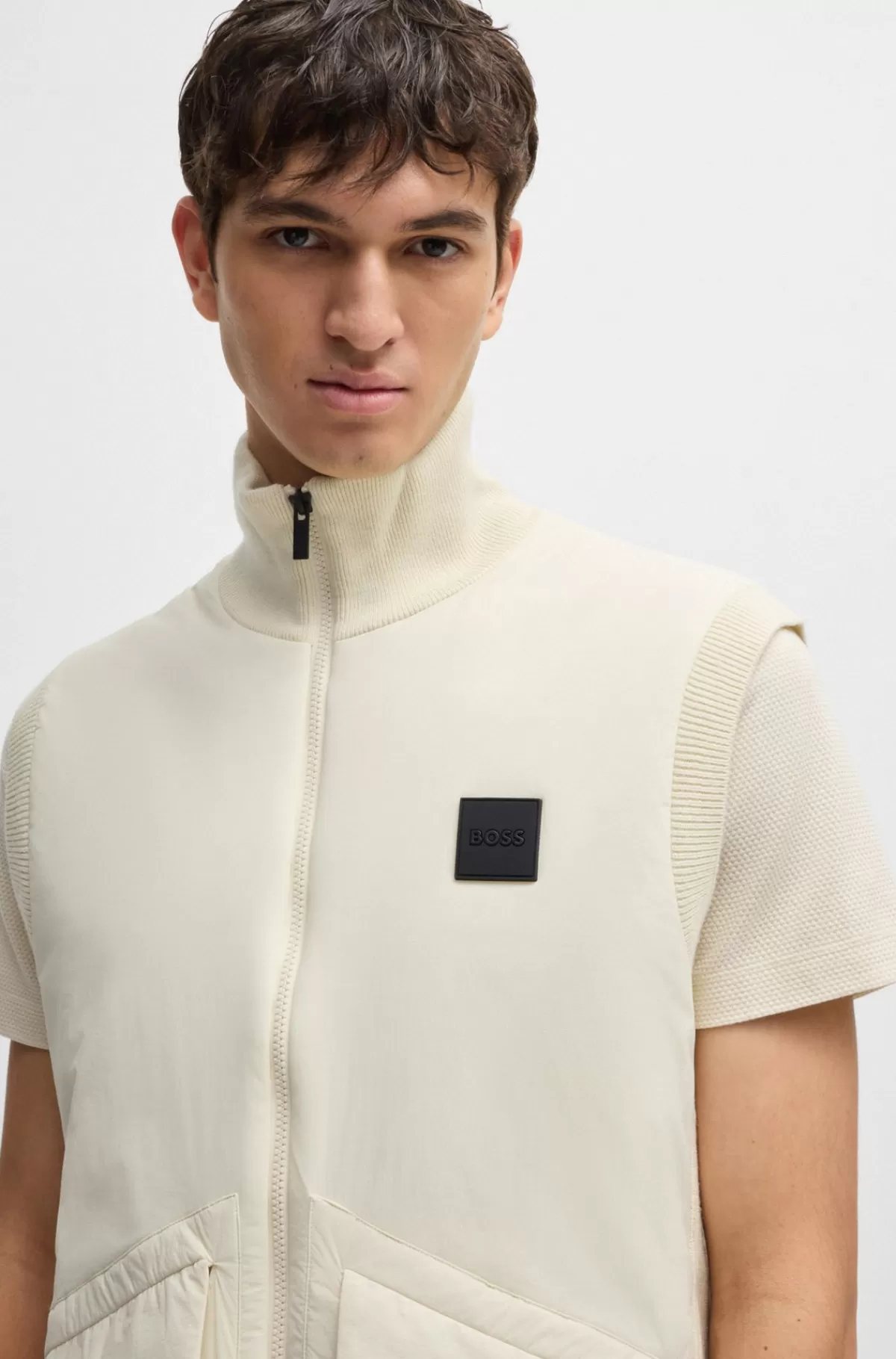 HUGO BOSS Polstret Vest I Blandede Materialer Med Logobadge Naturlig Outlet