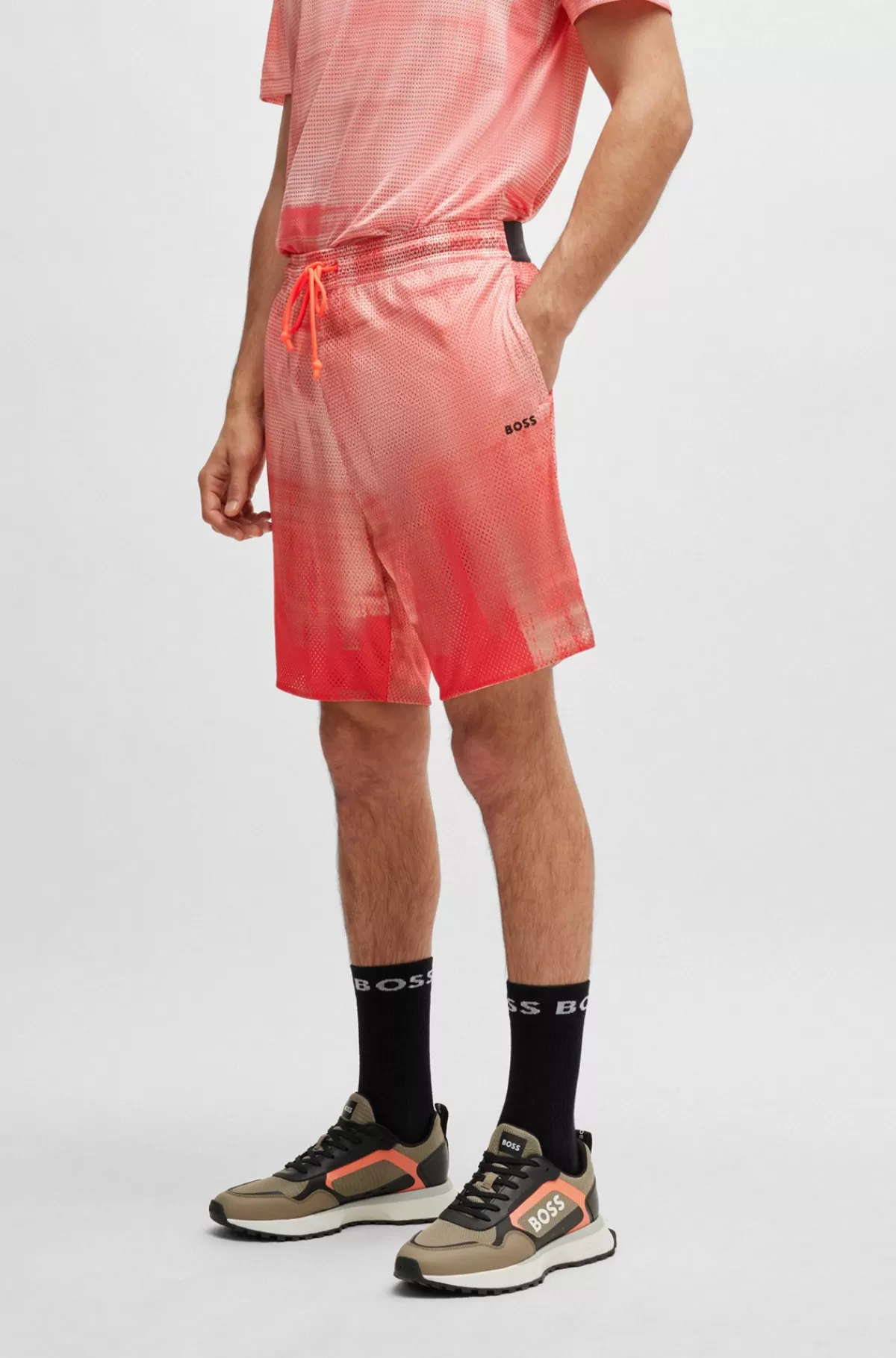 HUGO BOSS Printede Meshshorts Med Logodetaljer Lyserød Shop