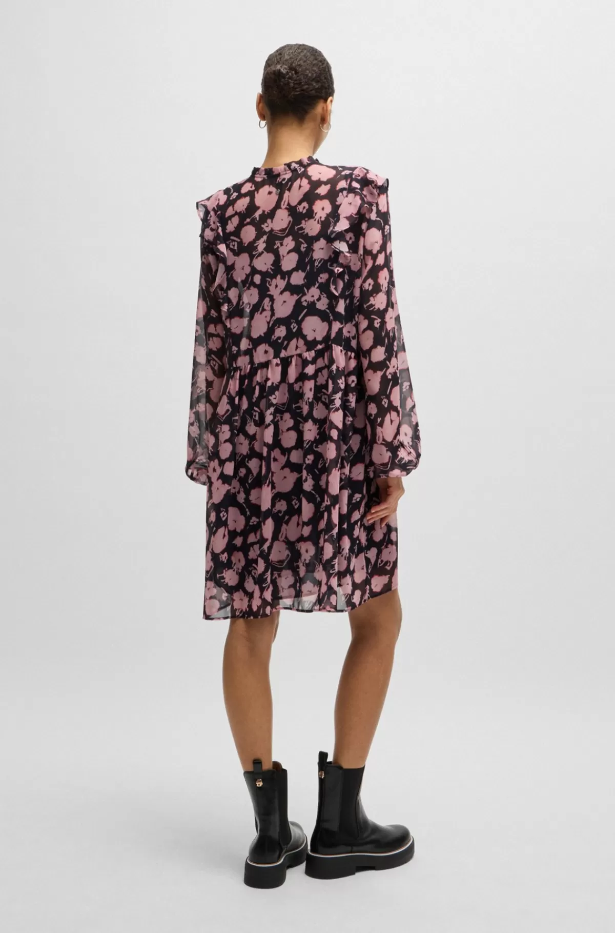 HUGO BOSS Printet Kjole Med Flæser Og Knaplukning I ærmerne Sort/pink Best