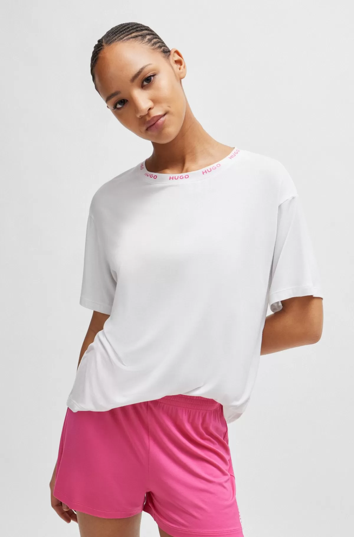 HUGO BOSS Pyjamas I Strækjersey Med Kontrasterende Logodetaljer Hvid / Pink Clearance