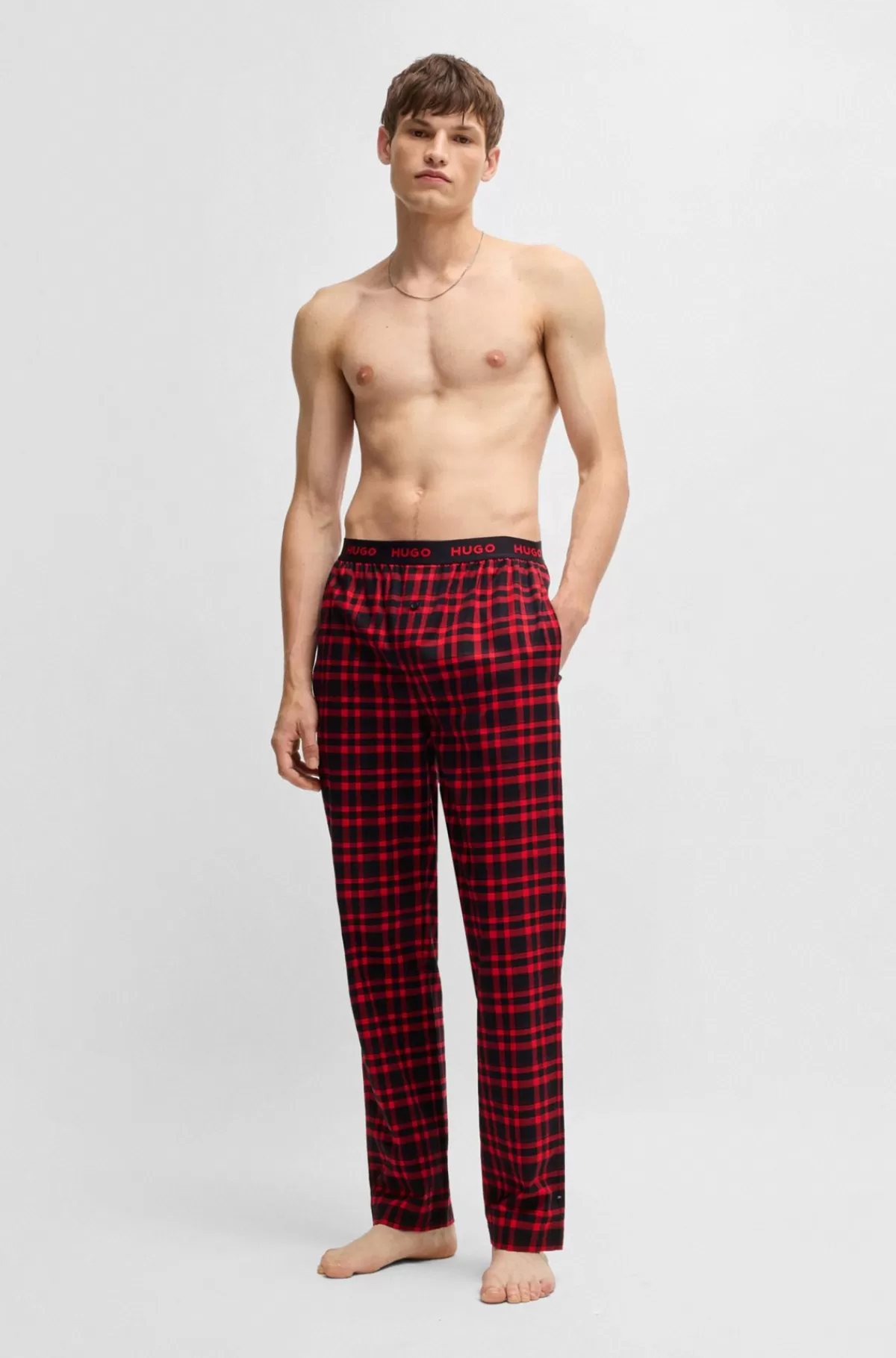 HUGO BOSS Pyjamasbukser I Ternet Bomuld Med Logolinning Rød mønstret Discount