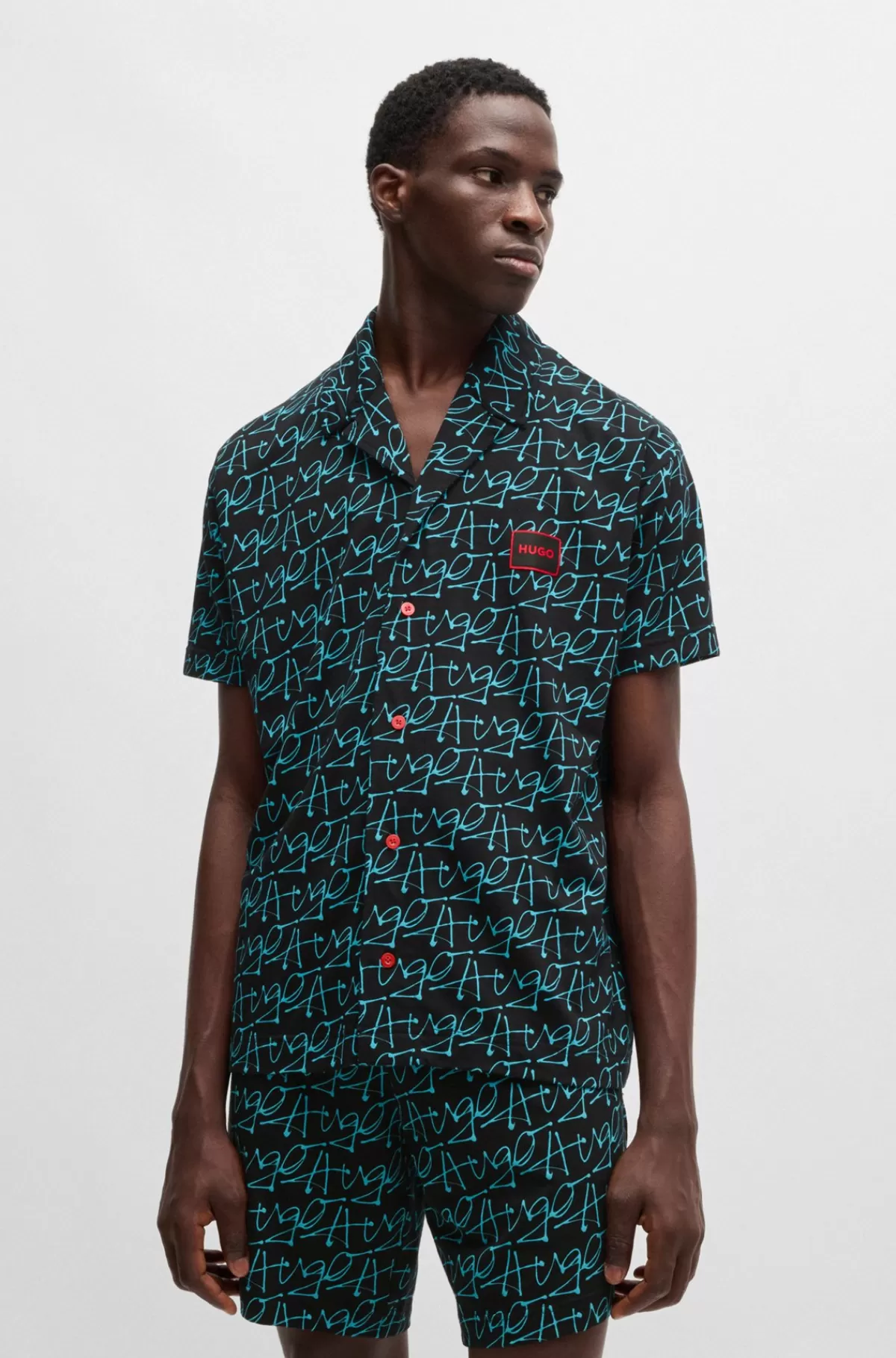 HUGO BOSS Pyjamassæt I Bomuld Med Stræk Og Håndskrevet Logografik Sort/blå Store