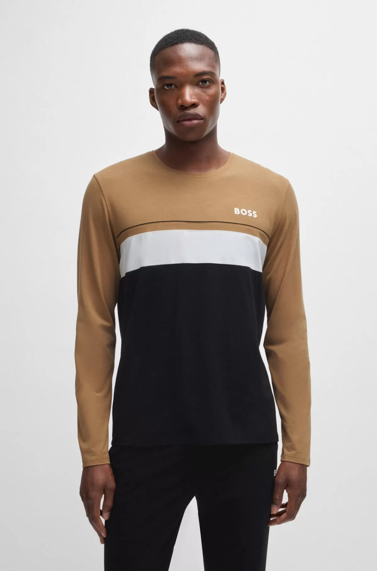 HUGO BOSS Pyjamas-T-shirt Med Lange ærmer Og Logoprint Sort/hvid/beige Store