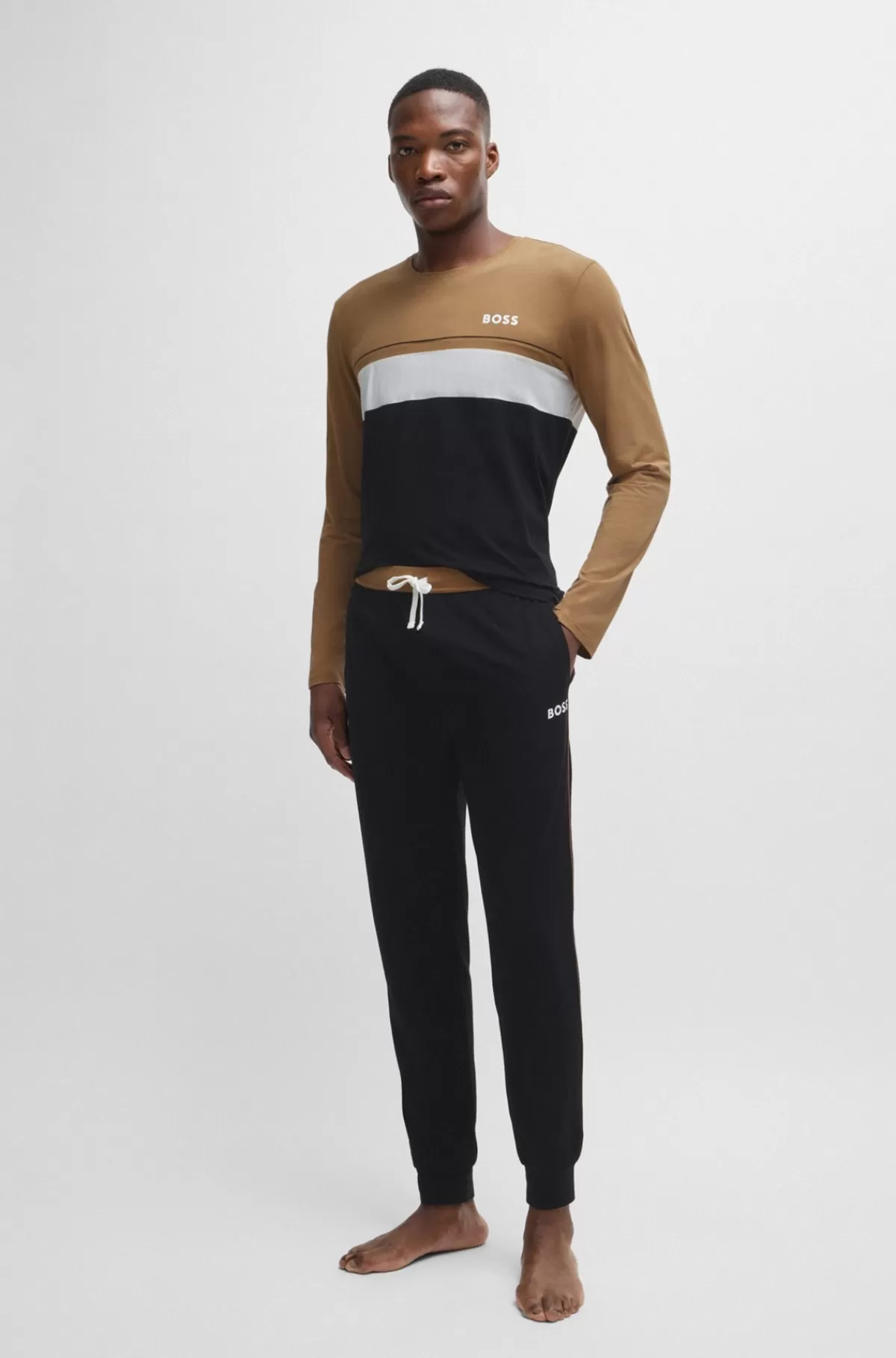 HUGO BOSS Pyjamas-T-shirt Med Lange ærmer Og Logoprint Sort/hvid/beige Store