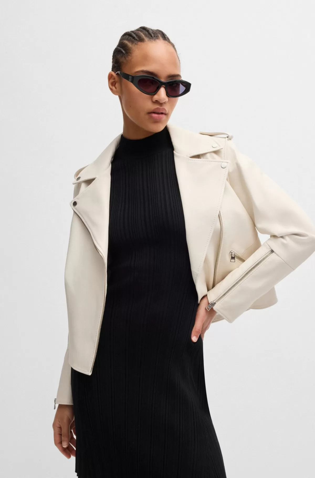 HUGO BOSS Regular Fit Bikerjakke I Læder Med Asymmetrisk Lynlås Naturlig Clearance