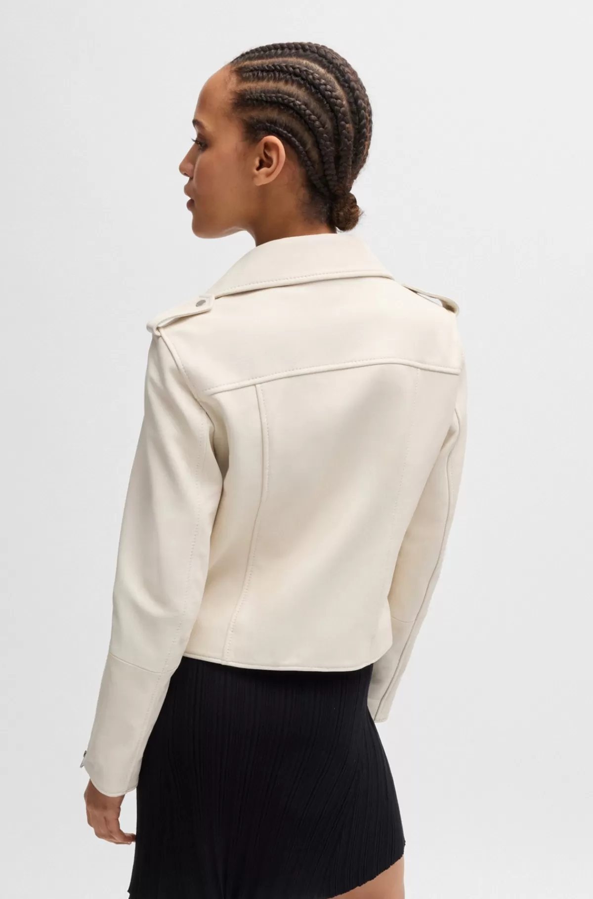 HUGO BOSS Regular Fit Bikerjakke I Læder Med Asymmetrisk Lynlås Naturlig Clearance