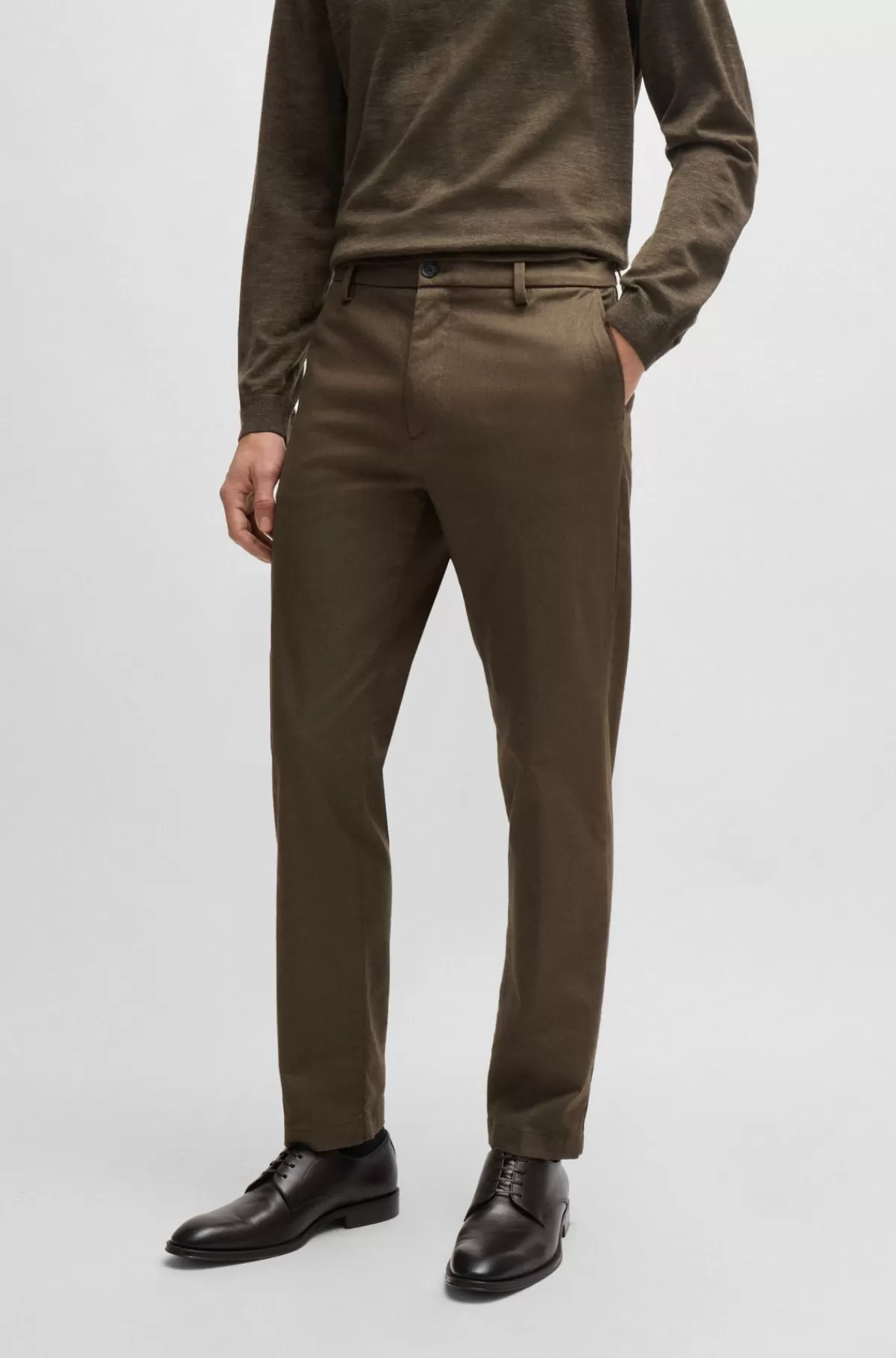 HUGO BOSS Regular Fit Bukser I Twillvævet Mouliné-bomuldsblanding Grøn Discount