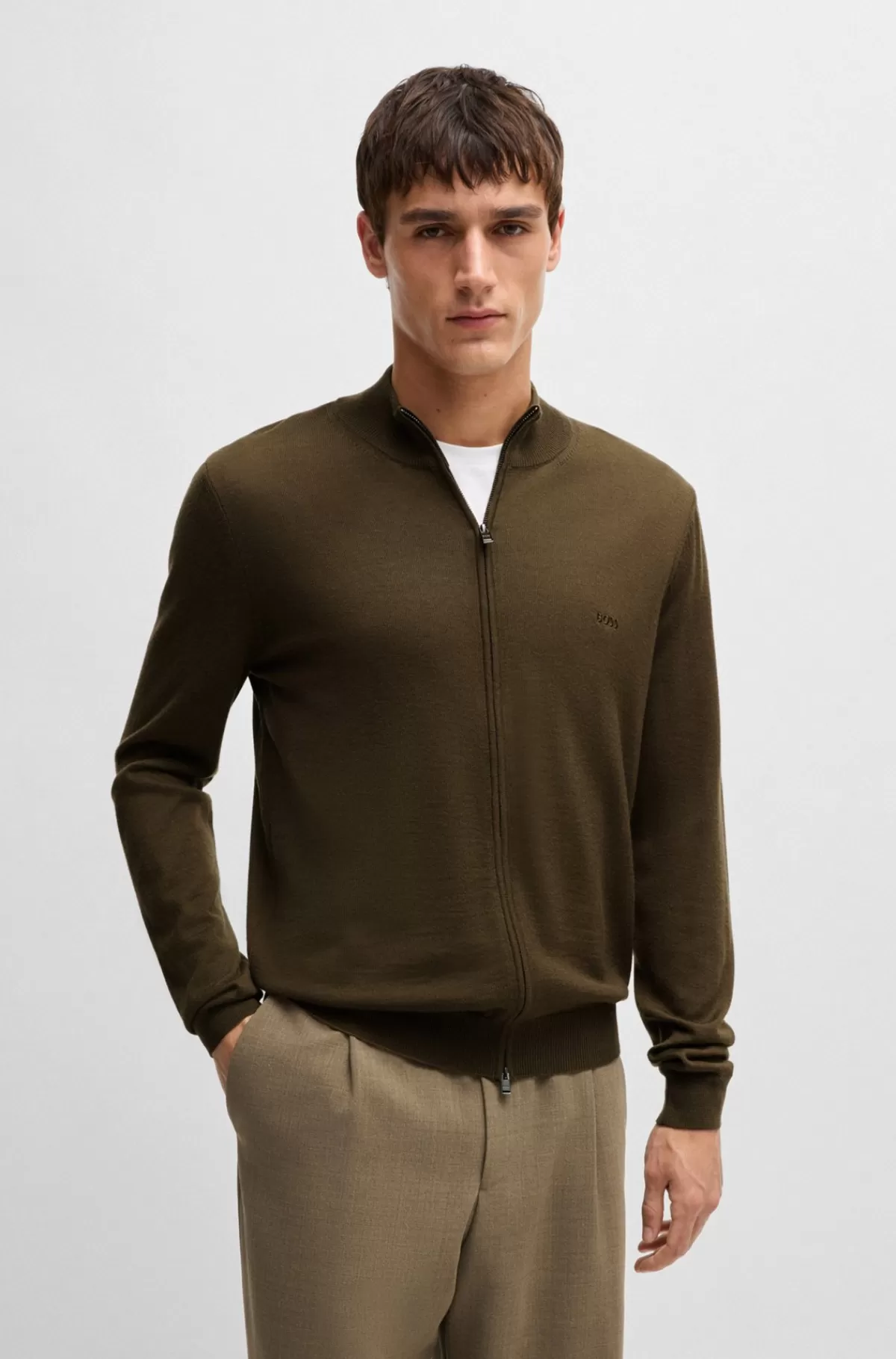 HUGO BOSS Regular Fit Cardigan I Ny Uld Med Broderet Logo Mørkebrun Cheap
