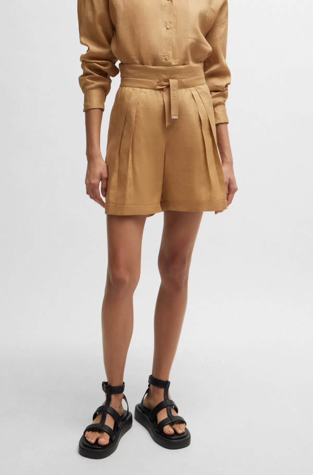 HUGO BOSS Regular Fit Paperbag-shorts I Ramiekanvas Lysebrun Cheap