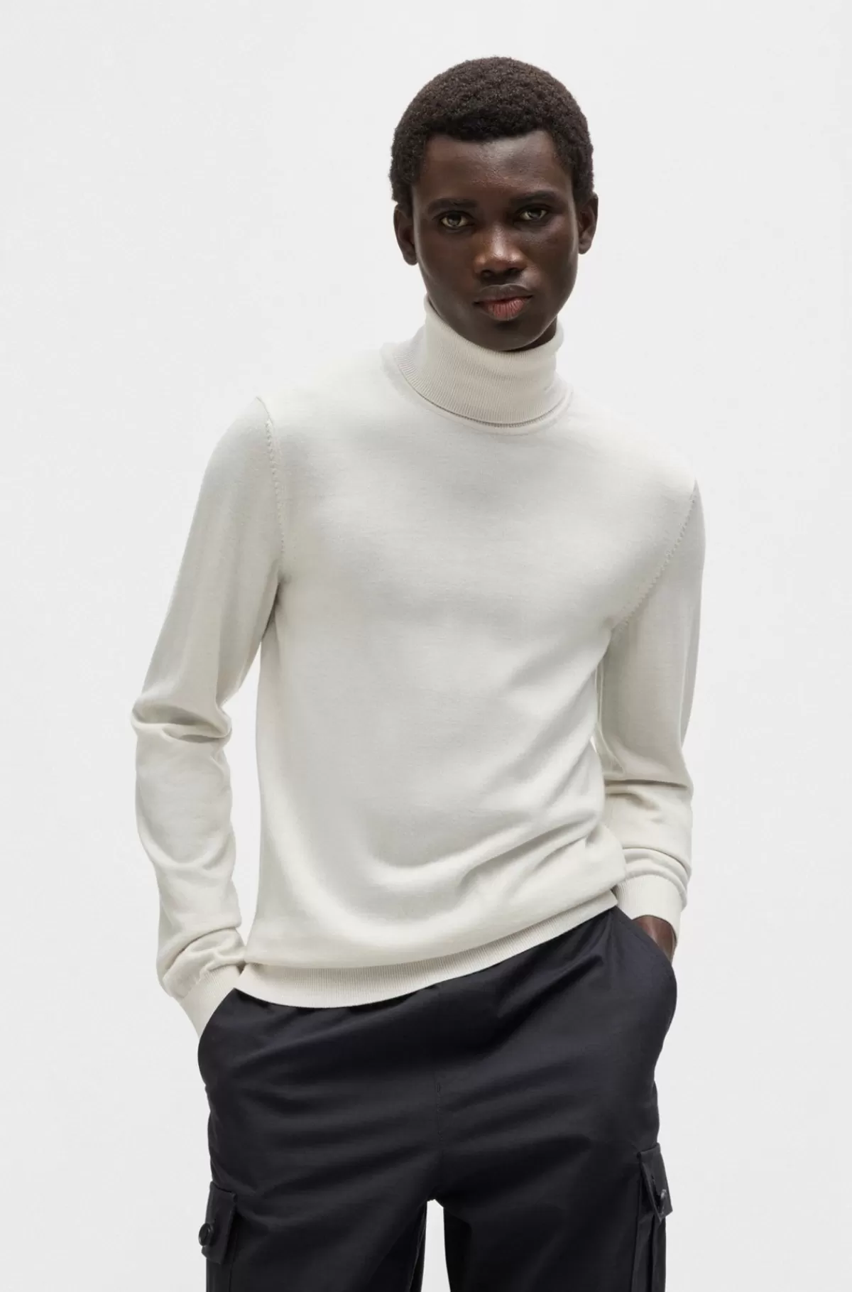 HUGO BOSS Regular Fit Rullekravesweater I Ny Uld Naturlig Discount