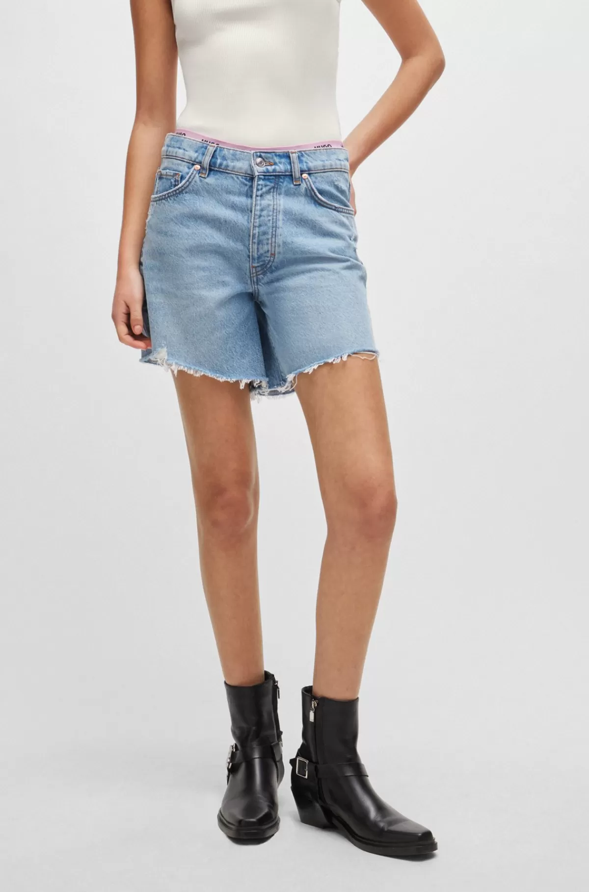 HUGO BOSS Regular Fit Shorts I Mellemblå, Slidt Denim Lyseblå Outlet