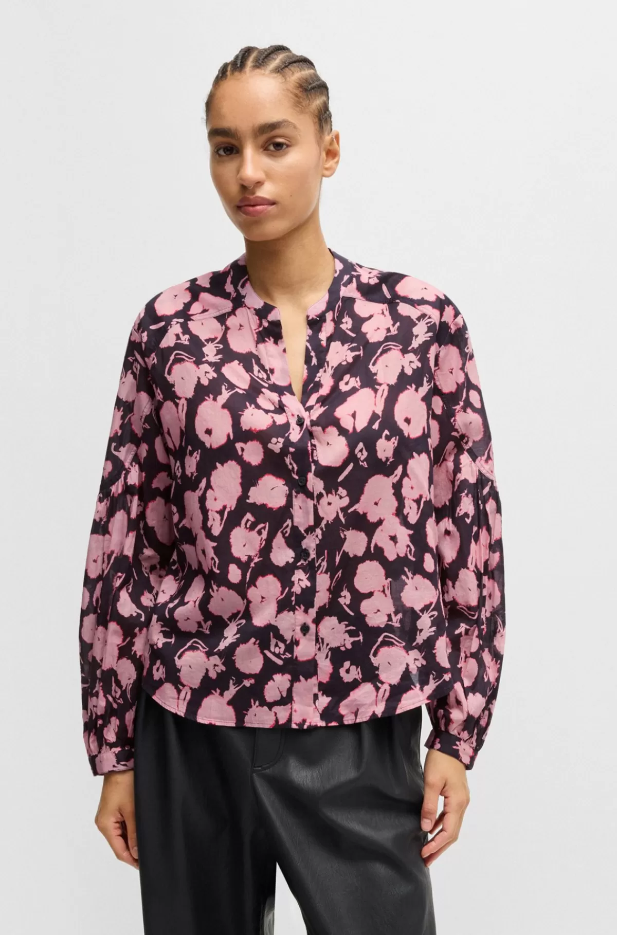 HUGO BOSS Regular Fit Skjorte I Printet Bomuldsvoile Sort/pink Store