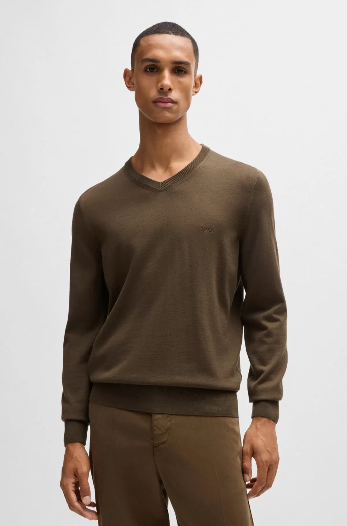 HUGO BOSS Regular Fit Sweater I Ny Uld Med Broderet Logo Mørkebrun Best Sale